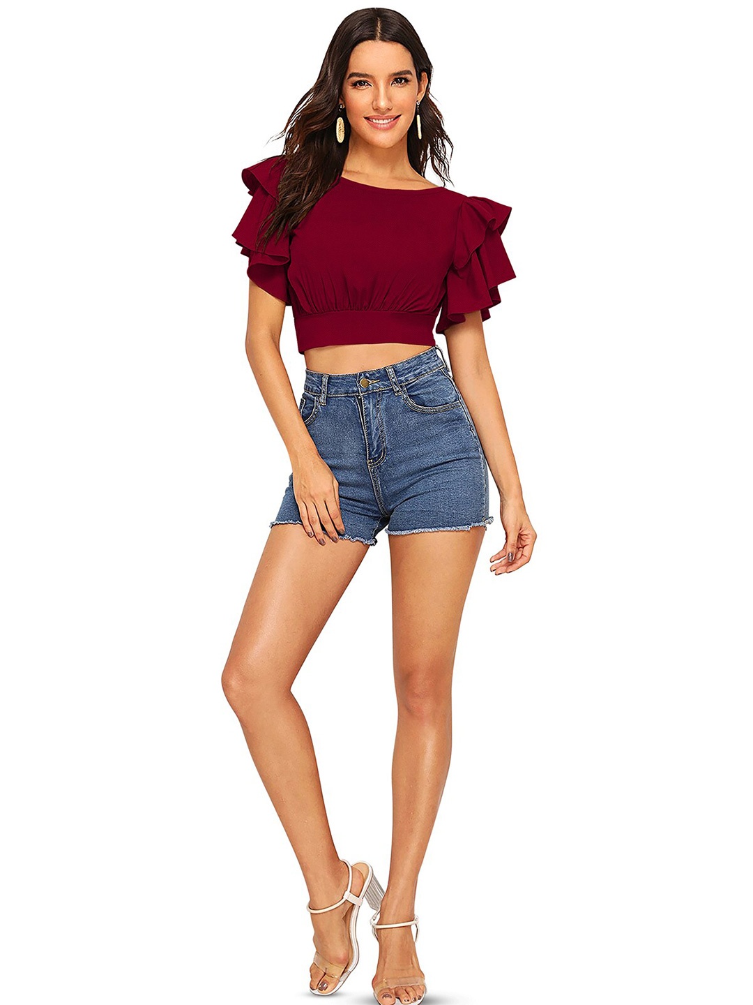 

SANJANA SILK Flutter Sleeves Crop Top, Maroon