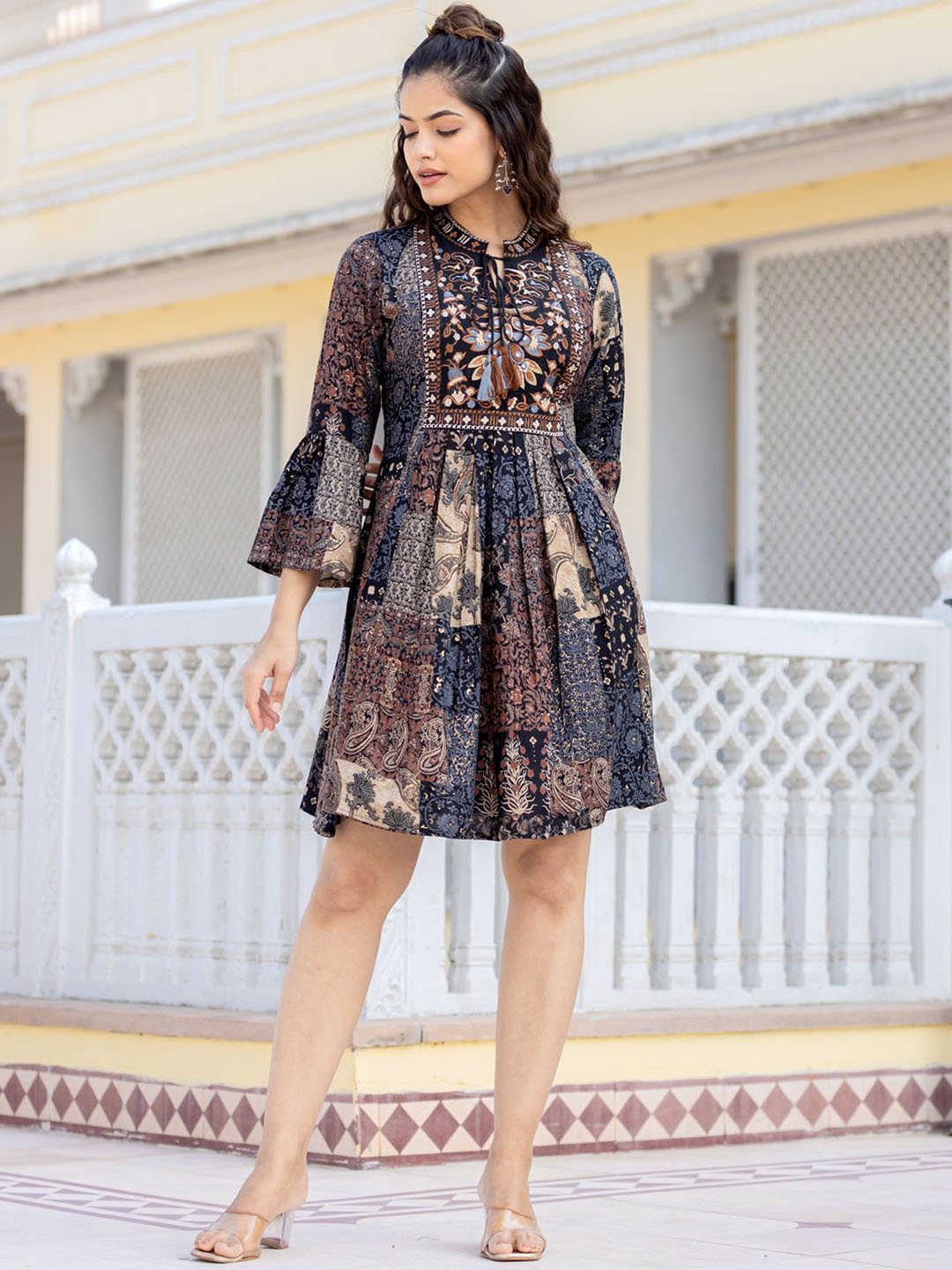 

FASHION DWAR Ethnic Motifs Printed Tie-Up Neck Bell Sleeve A-Line Dress, Navy blue