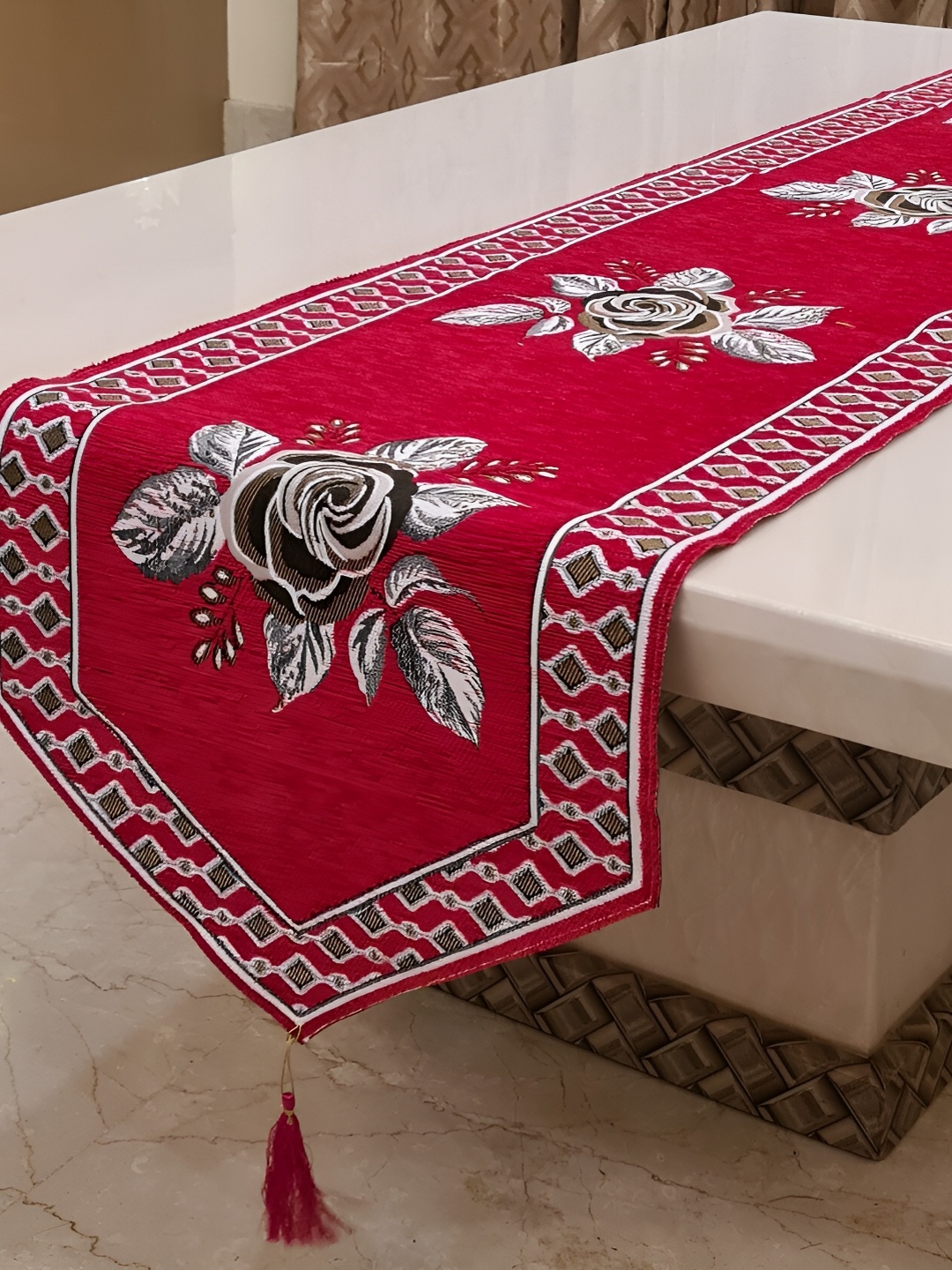 

GROKI Floral Embroidered Cotton Table Runner With Tasselled Detail, Red