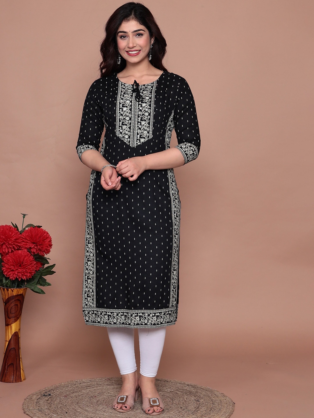 

KALINI Floral Printed Tie-Up Neck Straight Cotton Kurta, Black