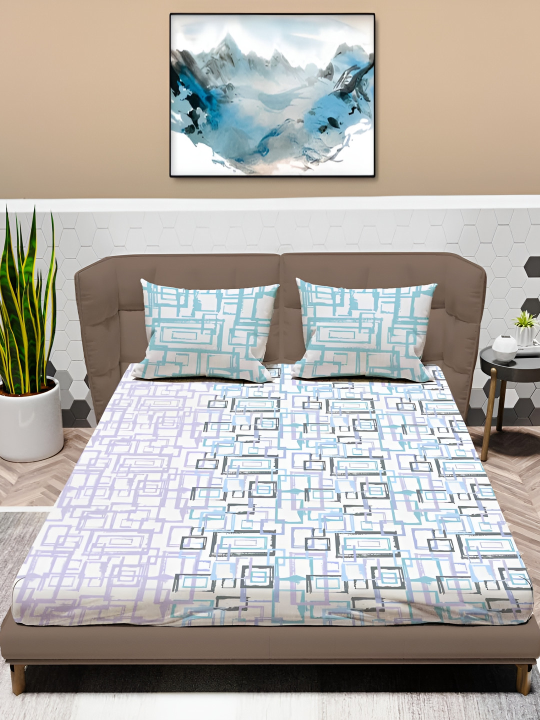 

MAYFAIR HOMES LONDON Glenn Blue Geometric 120 TC Cotton King Bedsheet & 2 Pillow Covers