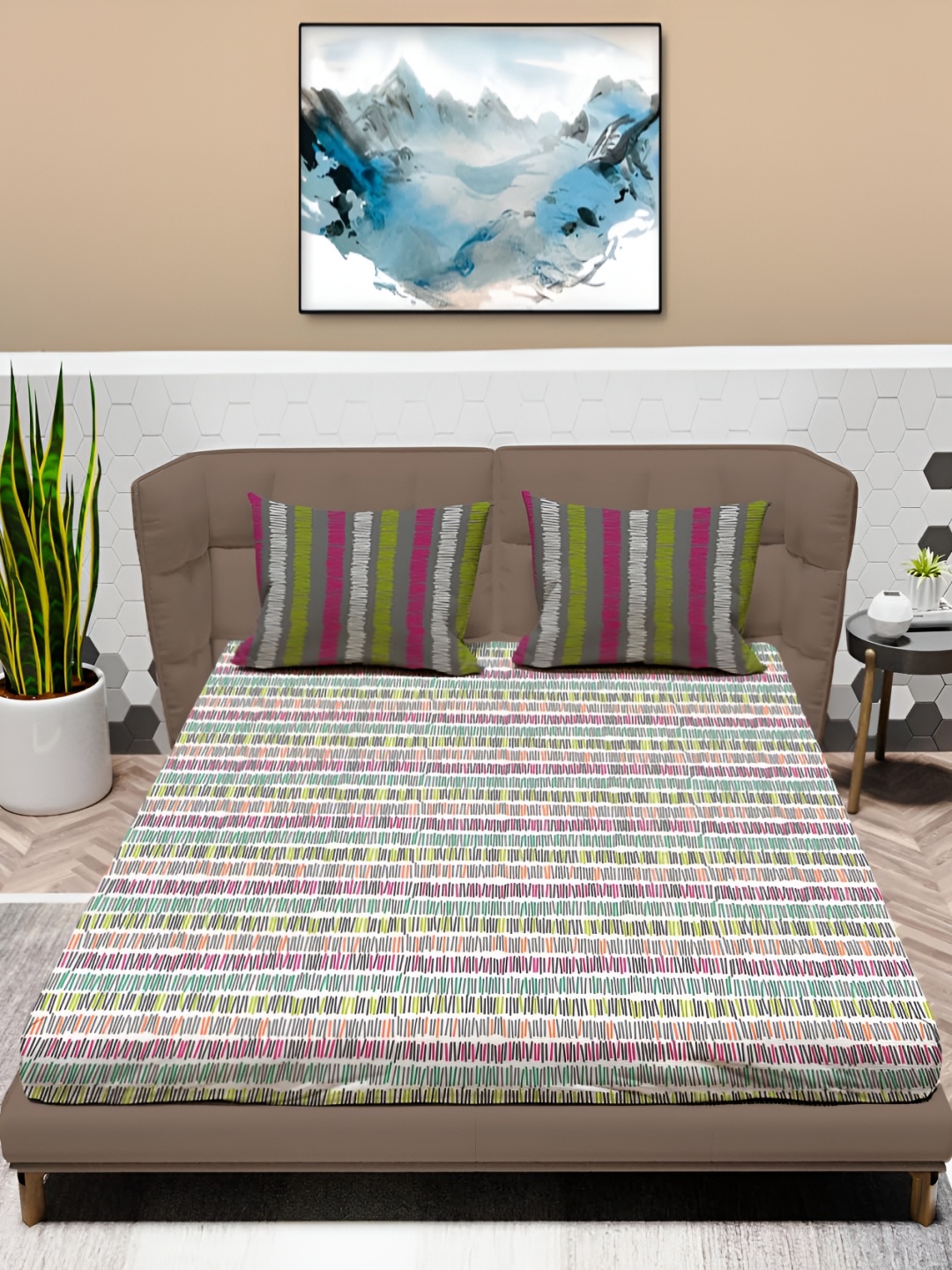 

MAYFAIR HOMES LONDON Glenn Grey Geometric 120 TC Cotton Queen Bedsheet & 2 Pillow Covers