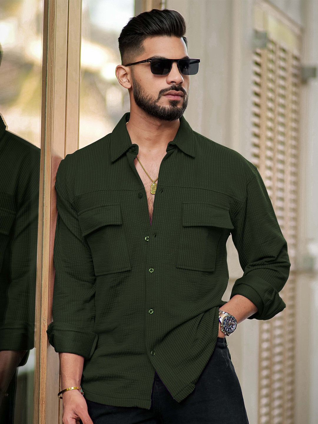 

Maniac Classic Self Design Oversized Cotton Casual Shirt, Green