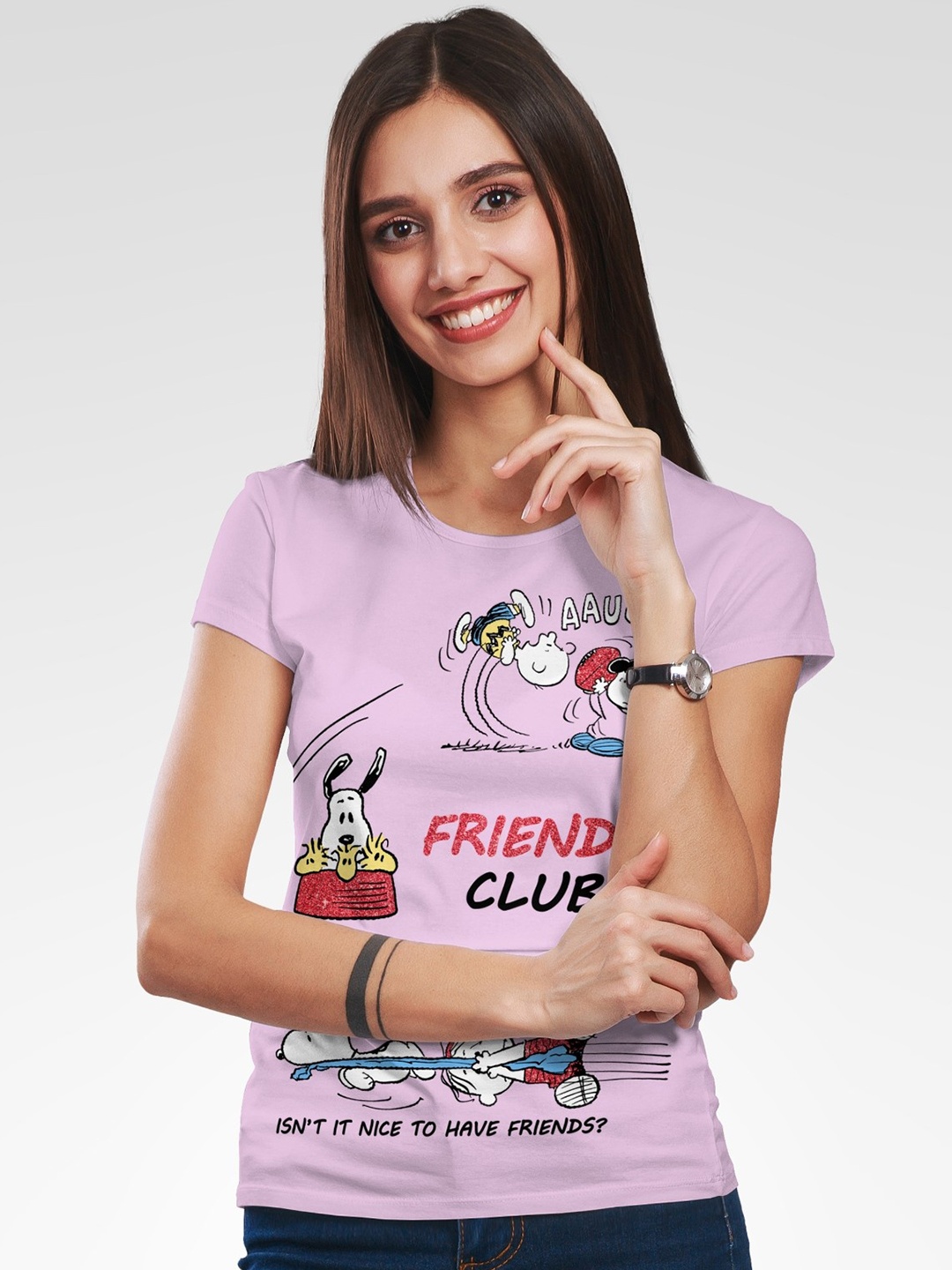 

Minute Mirth Snoopy Printed Round Neck Short Sleeves Cotton T-shirt, Mauve