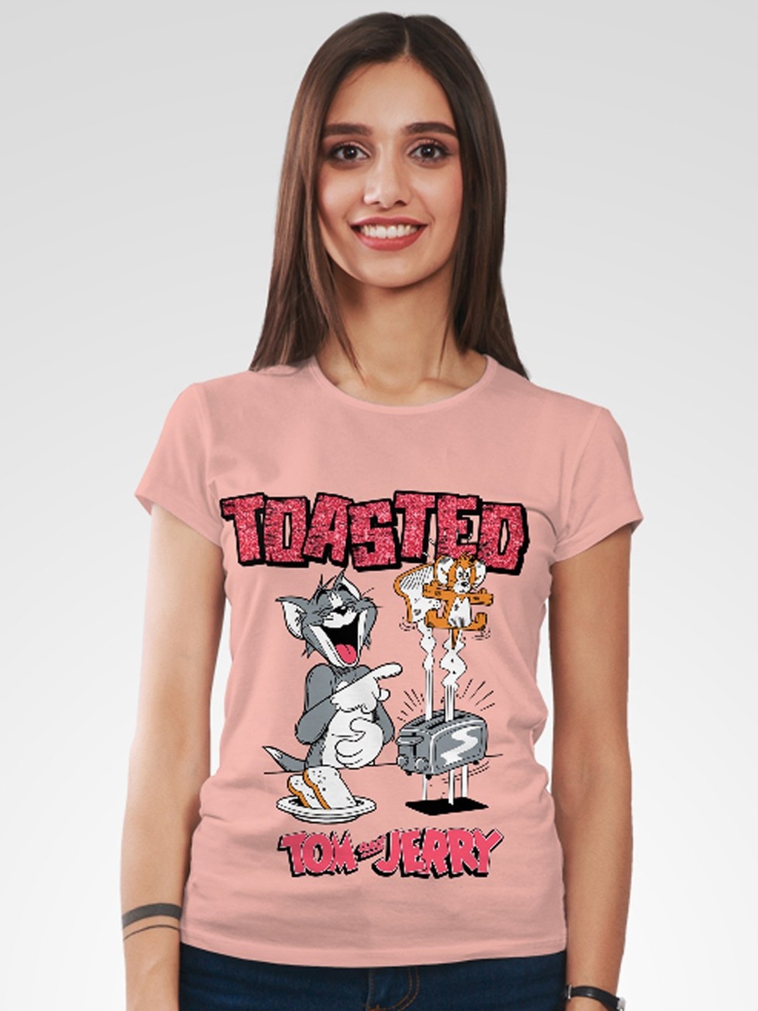 

Minute Mirth Tom & Jerry Printed Round Neck Short Sleeves Cotton T-shirt, Peach