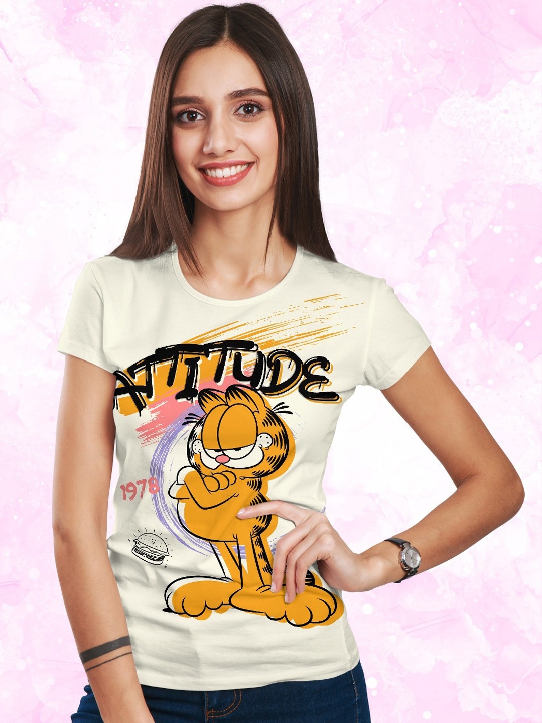 

Minute Mirth Garfield Printed Round Neck Short Sleeves Cotton T-shirt, Cream
