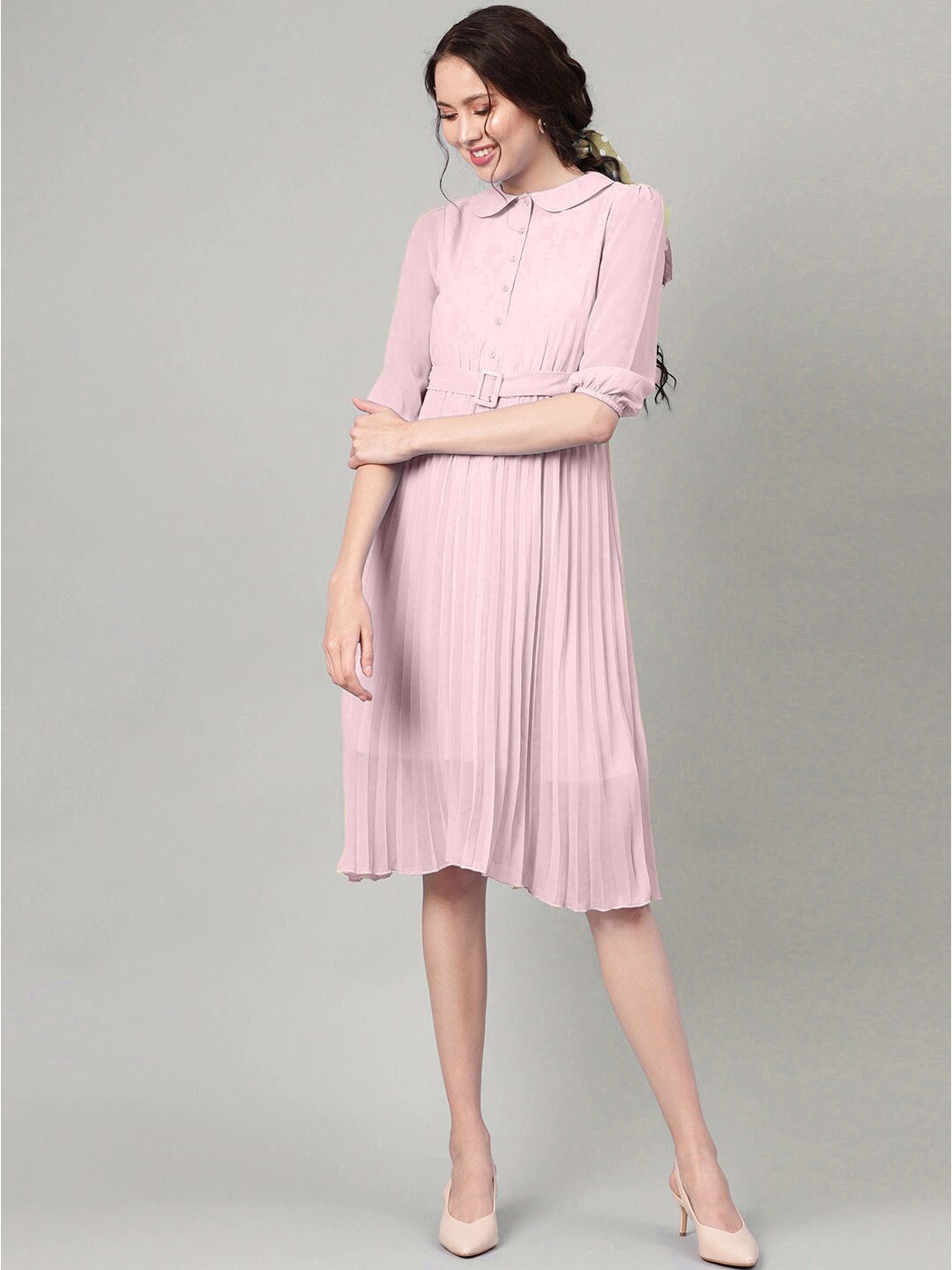 

Hinaya Puff Sleeves Peter Pan Collar Georgette Fit & Flare, Pink
