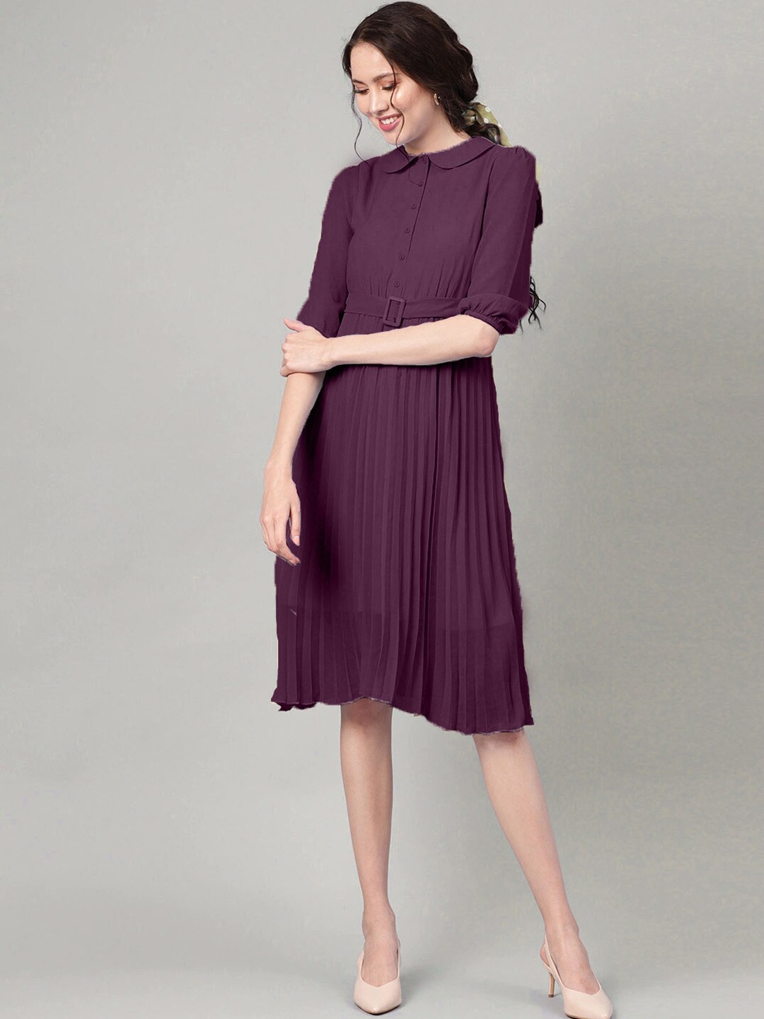 

Hinaya Puff Sleeves Peter Pan Collar Georgette Fit & Flare, Lavender