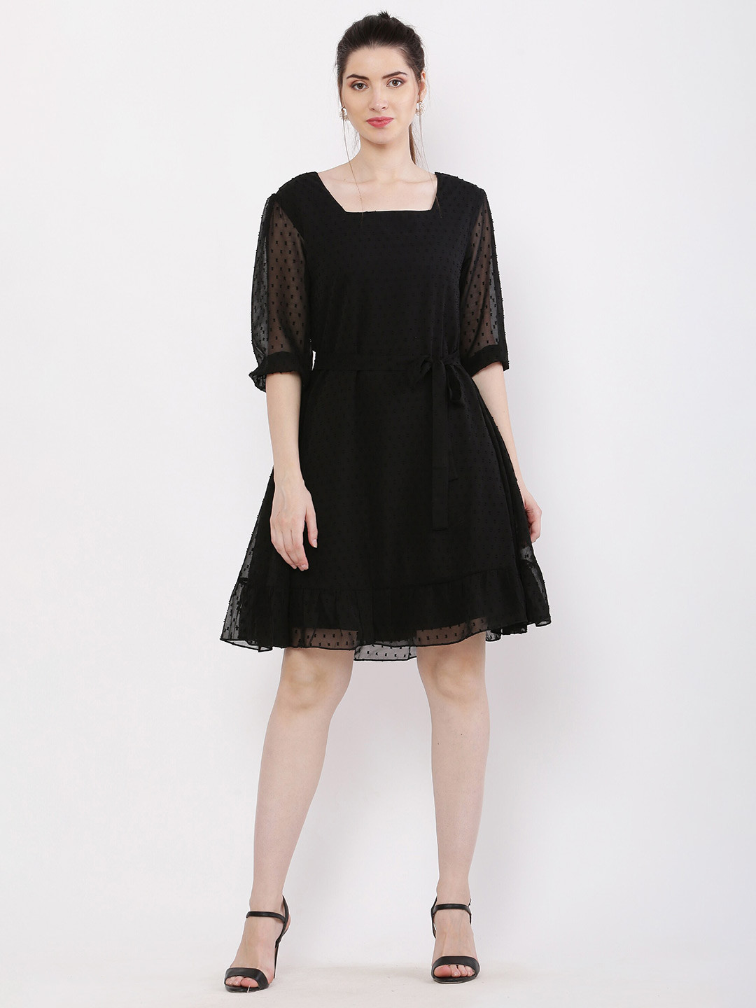 

Hinaya Self Design Puff Sleeves Georgette Fit & Flare Dress, Black