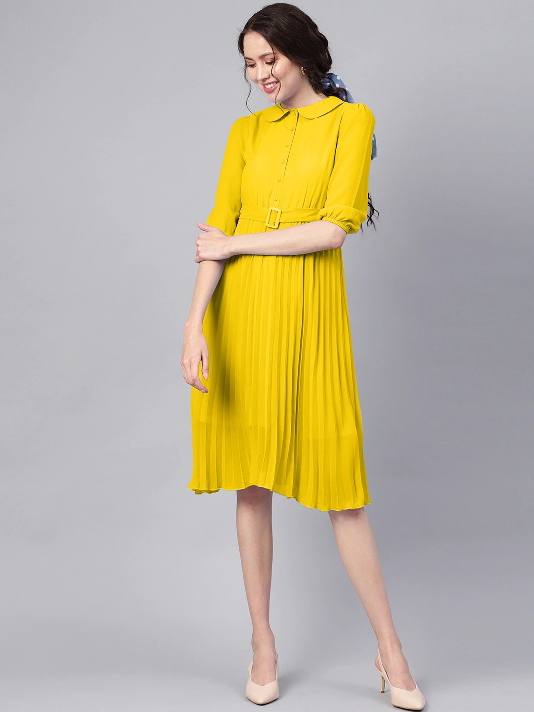 

Hinaya Shirt Collar Cuffed Sleeves Georgette Shirt Dress With Belt, Yellow