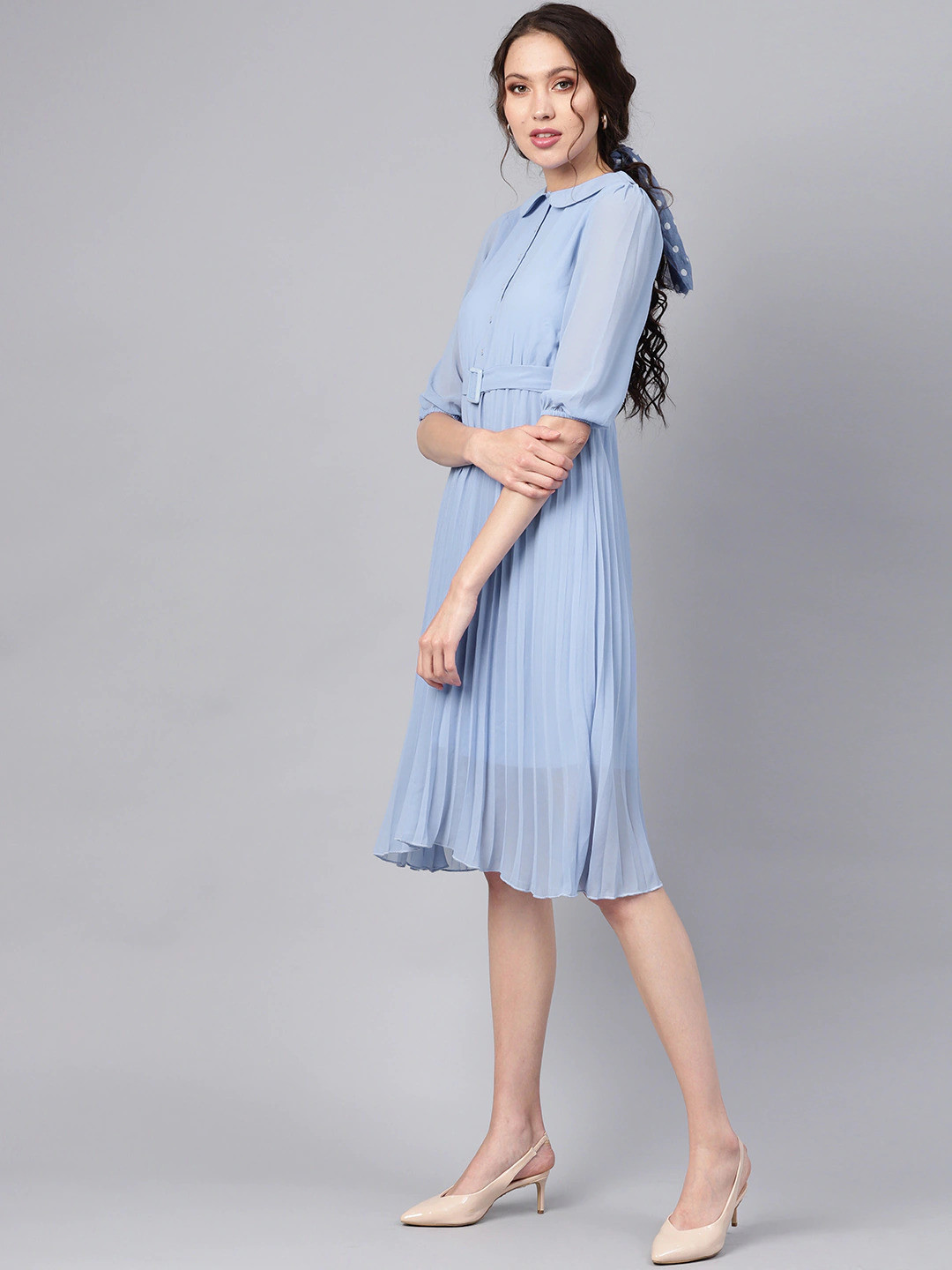 

Hinaya Shirt Collar Cuffed Sleeves Georgette Shirt Dress With Belt, Blue