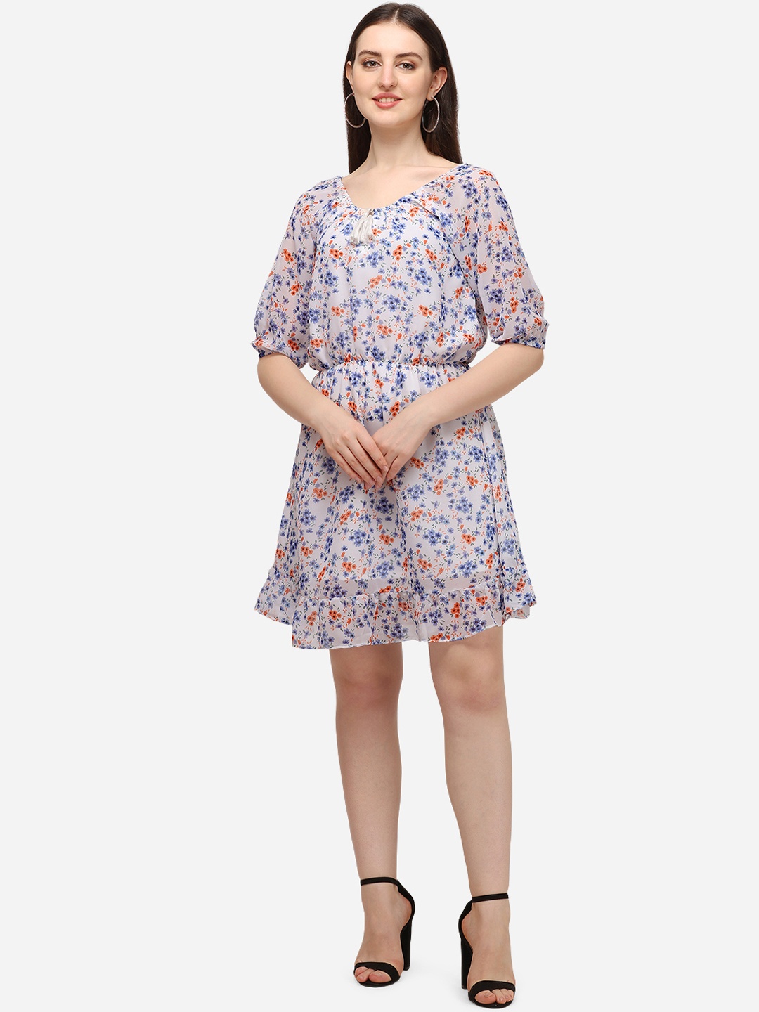 

Hinaya Floral Printed V-Neck Georgette Fit & Flare Dress, White
