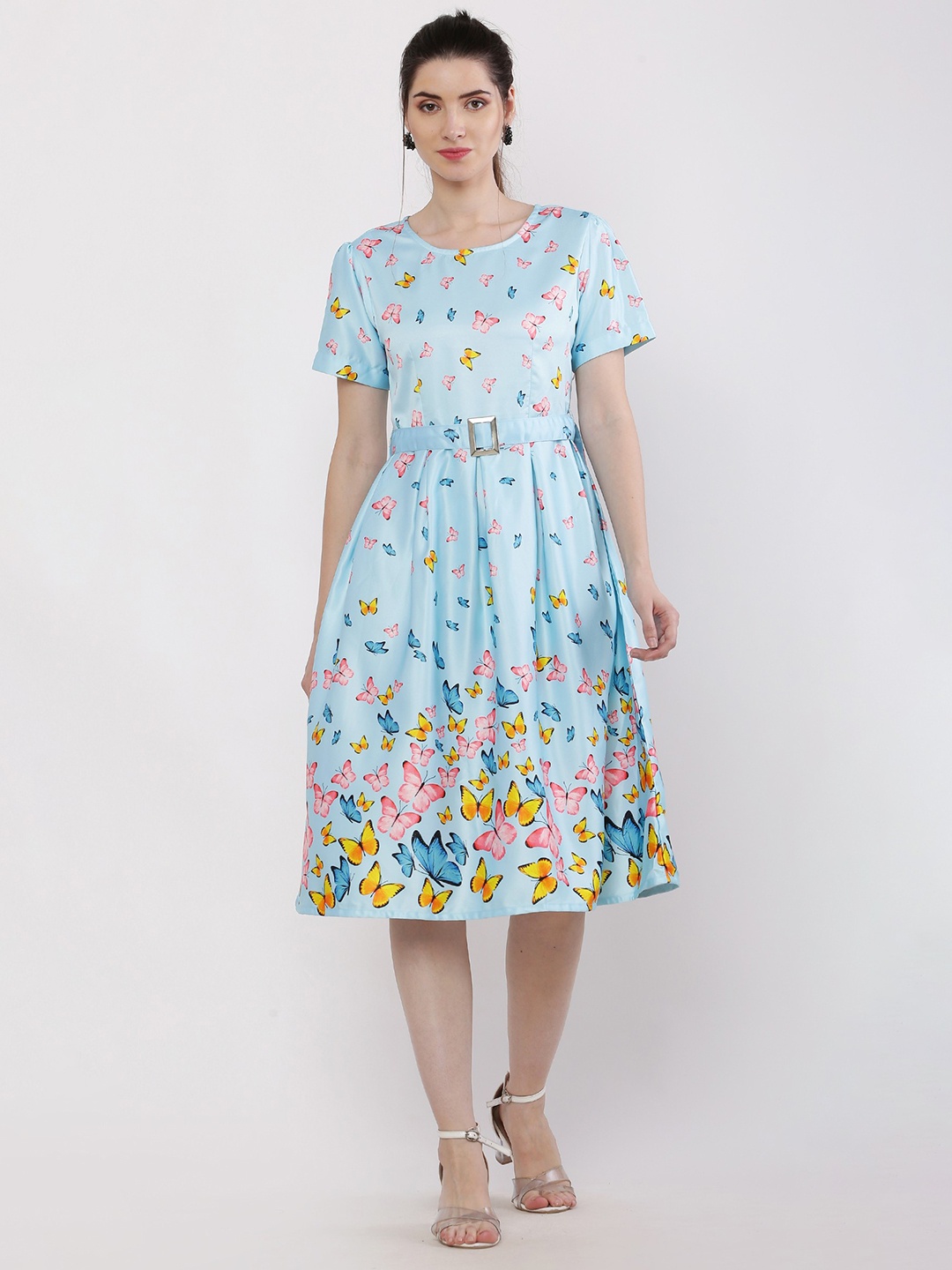 

Hinaya Floral Printed Satin Fit & Flare Dress With Belt, Blue