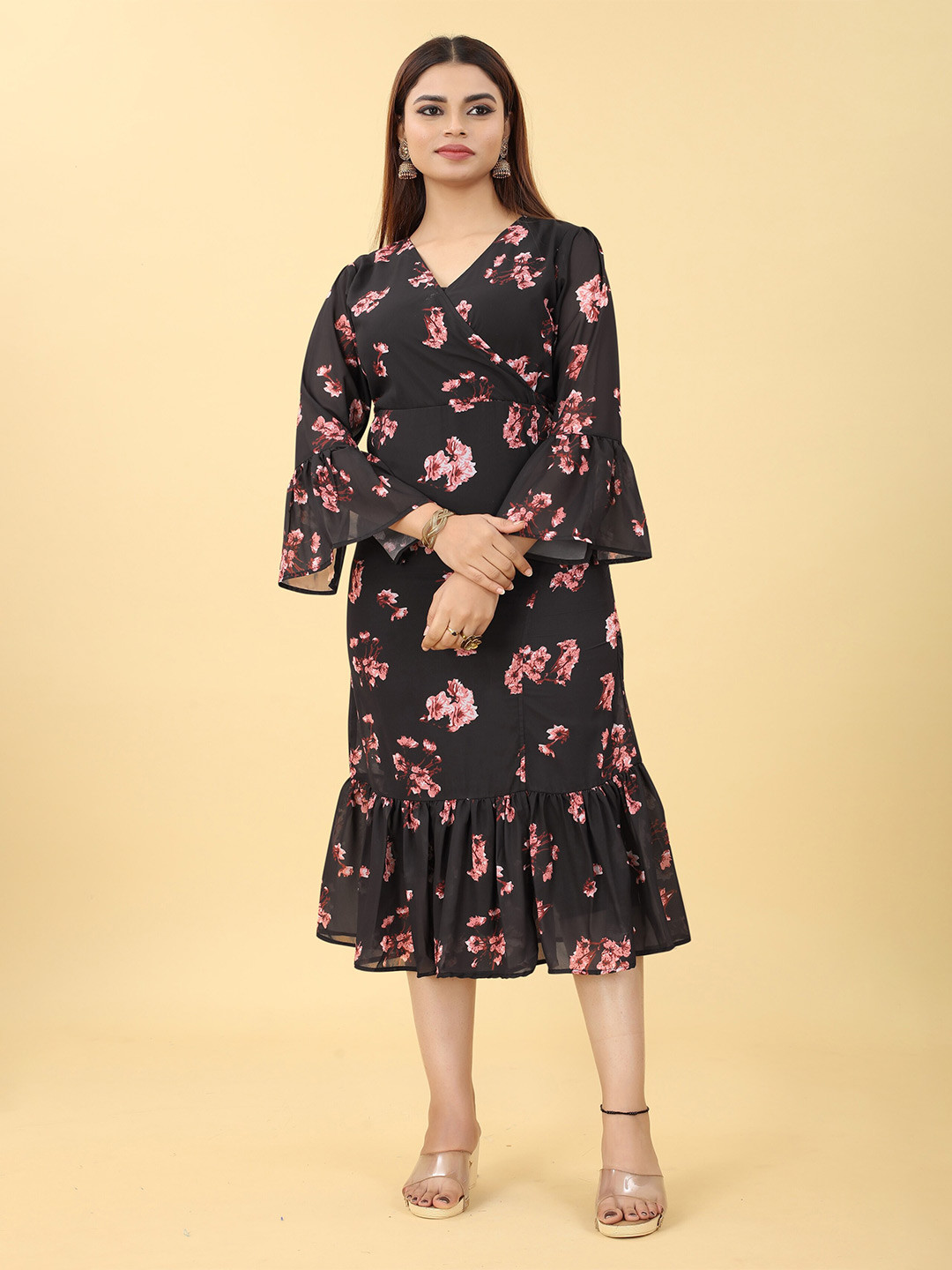 

Hinaya Floral Printed Bell Sleeve Georgette Fit & Flare Midi Dress, Black