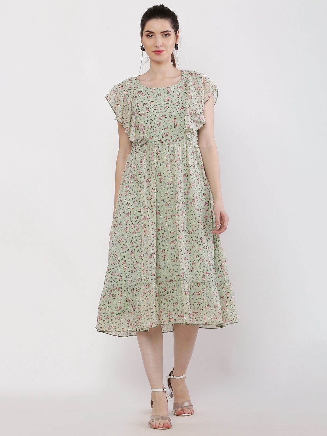 

Hinaya Floral Printed Flutter Sleeves Tiered Detail Georgette A-Line Midi Dress, Lime green