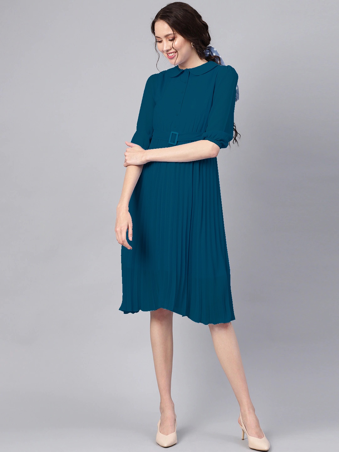 

Hinaya Shirt Collar Cuffed Sleeves Georgette Shirt Dress With Belt, Green