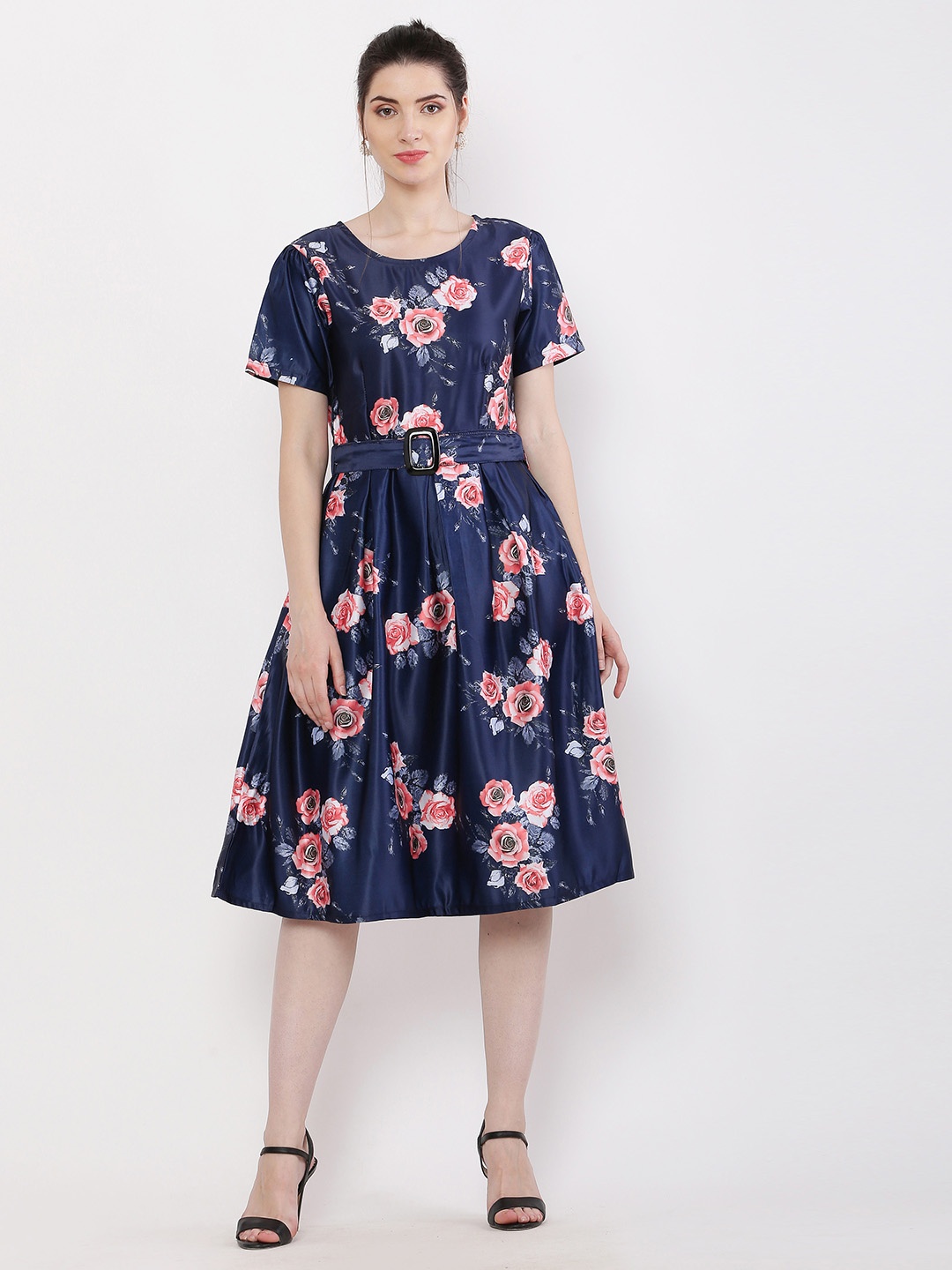 

Hinaya Floral Printed Satin Fit & Flare Dress With Belt, Blue
