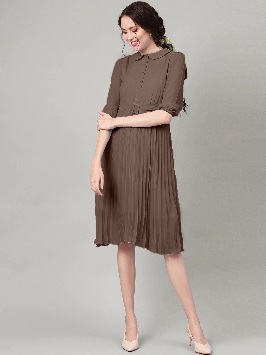 

Hinaya Peter Pan Collar A-Line Dress, Brown