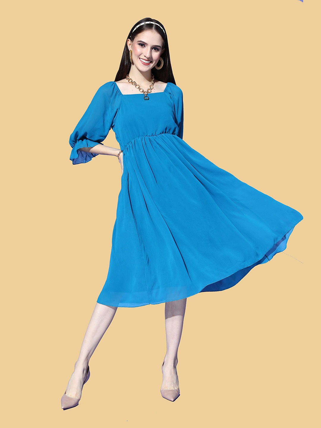 

Hinaya Square Neck Chiffon Fit & Flare Midi Dress, Blue