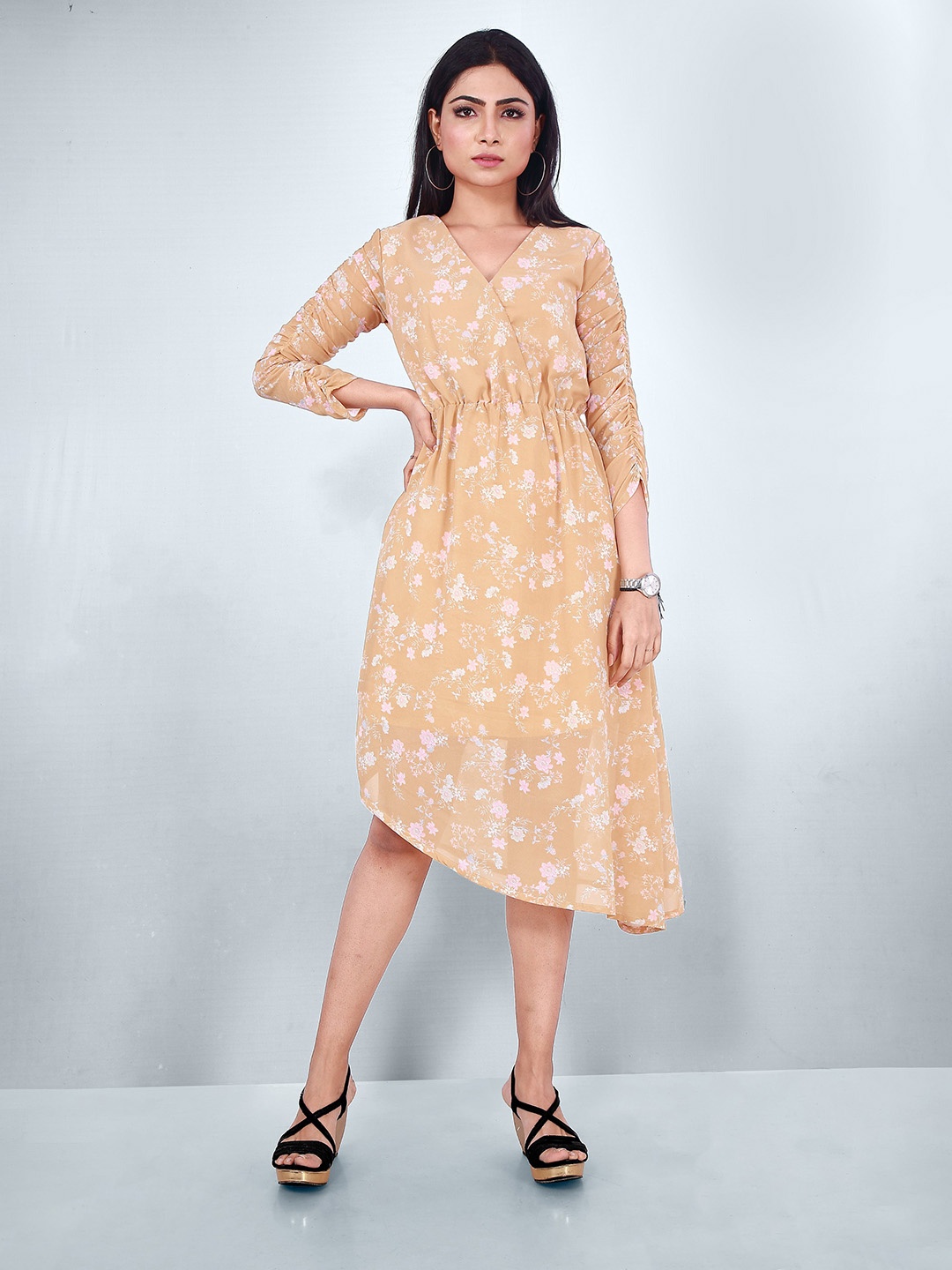 

Hinaya Floral Printed Ruched Georgette A-Line Dress, Beige