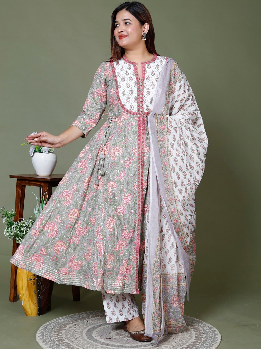 

KALINI Floral Printed Band Collar Pure Cotton Kurta with Trousers & Dupatta, Grey