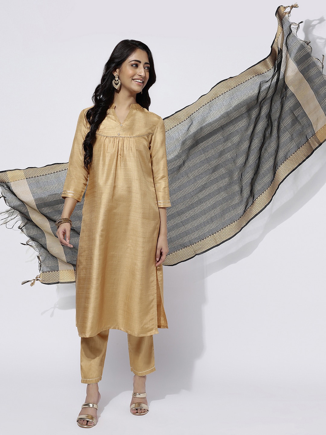 

KALINI Mandarin Collar Kurta With Trouser & Dupatta, Beige