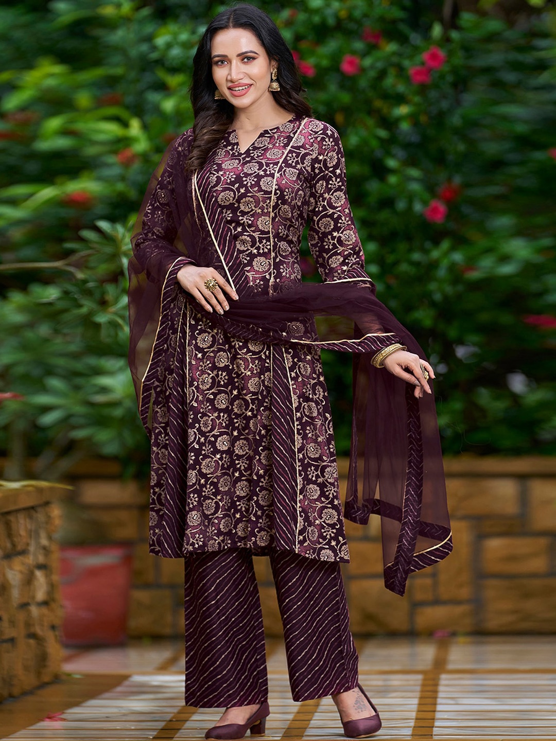 

KALINI Floral Printed Kurta With Trousers & Dupatta, Purple