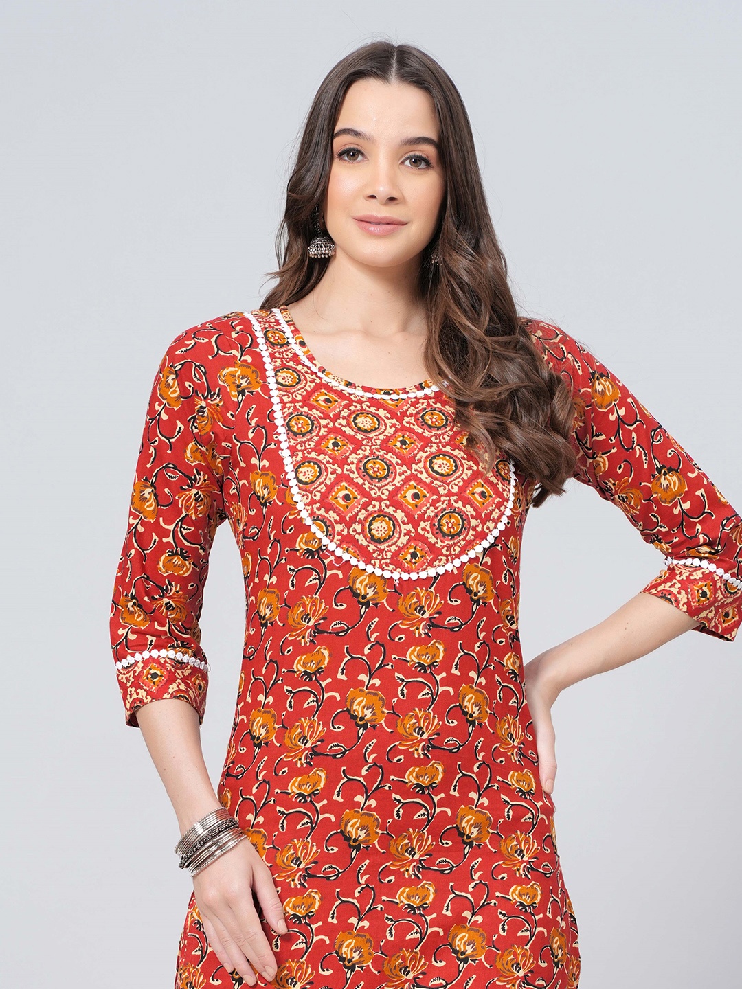 JAHIDA COMFORT WITH STYLE Floral Printed Pure Cotton Straight Kurta With Trousers, Red