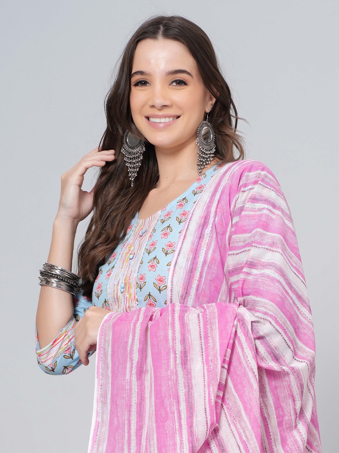 

JAHIDA COMFORT WITH STYLE Ethnic Motifs Printed Pure Cotton Kurta with Trousers & Dupatta, Blue