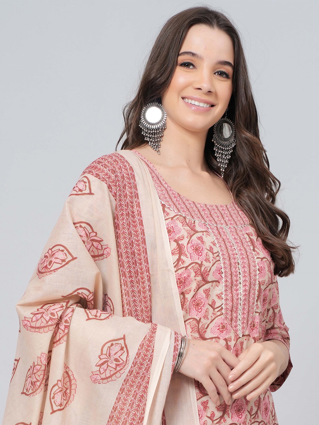 

JAHIDA COMFORT WITH STYLE Floral Printed Pure Cotton Straight Kurta With Trouser & Dupatta, Pink
