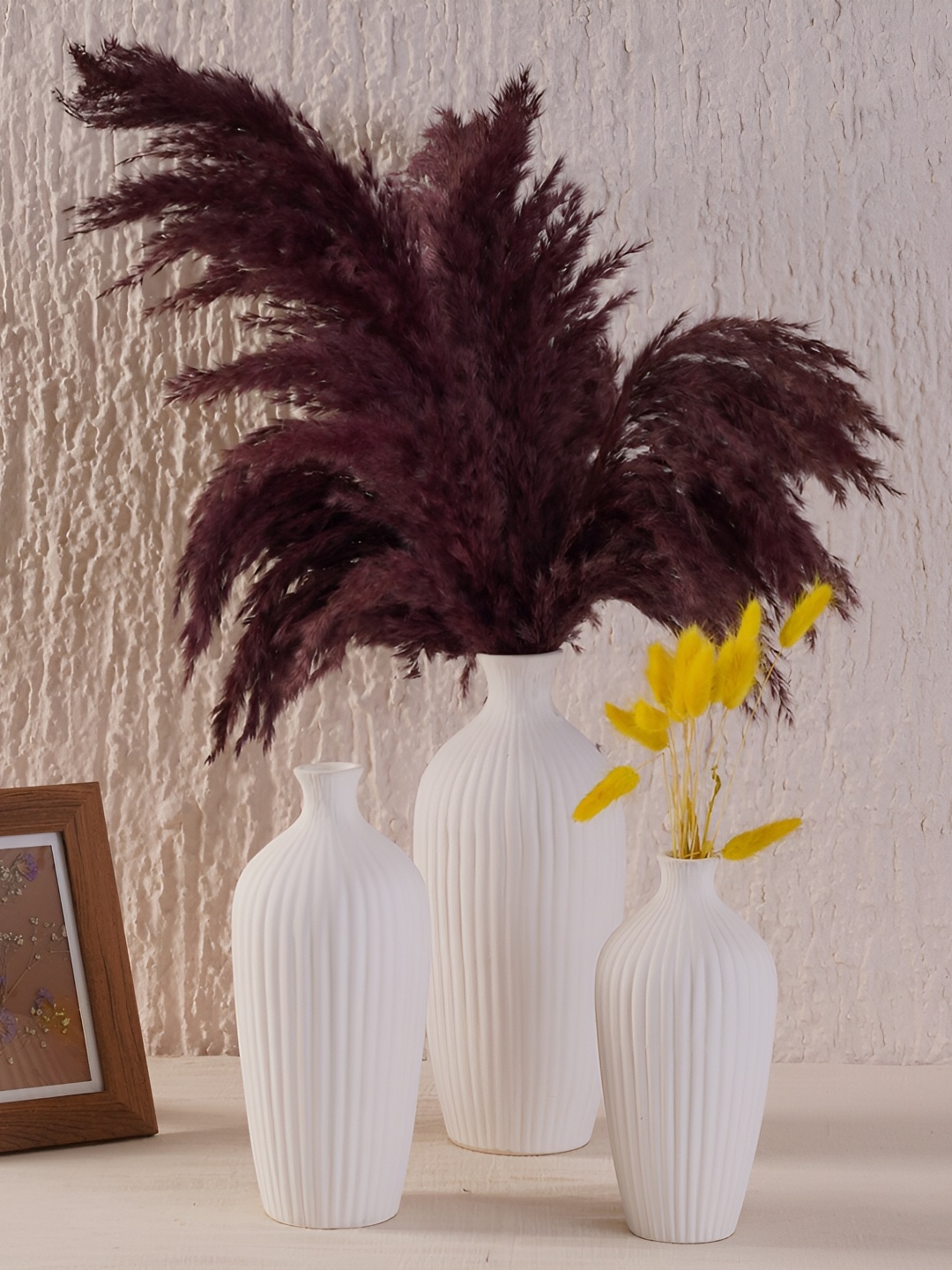 

PUREZENTO Set Of 3 Striped Ceramic Flower Vases, White