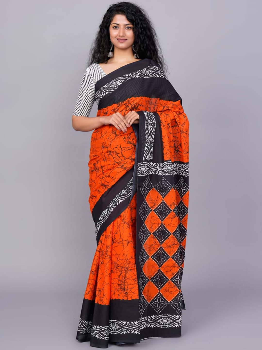 

TROPWEAR Pure Cotton Block Print Saree, Orange