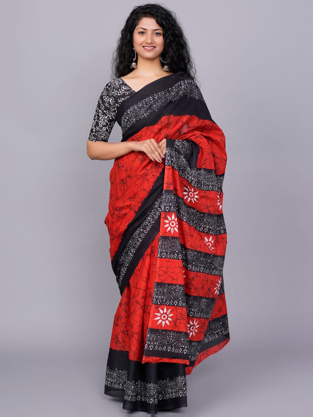 

TROPWEAR Pure Cotton Handloom Block Print Saree, Red