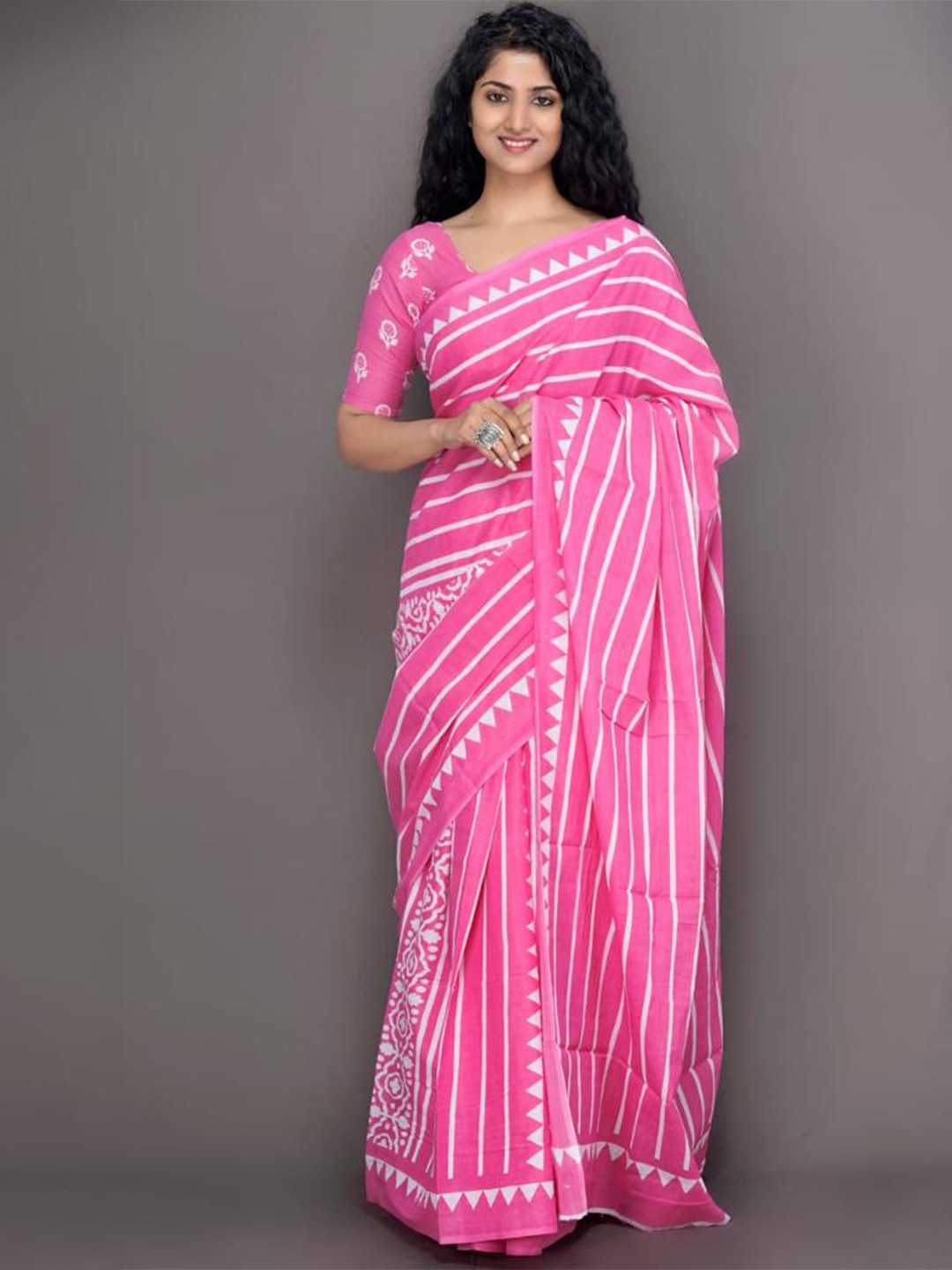 

TROPWEAR Ethnic Motifs Pure Cotton Block Print Saree, Pink