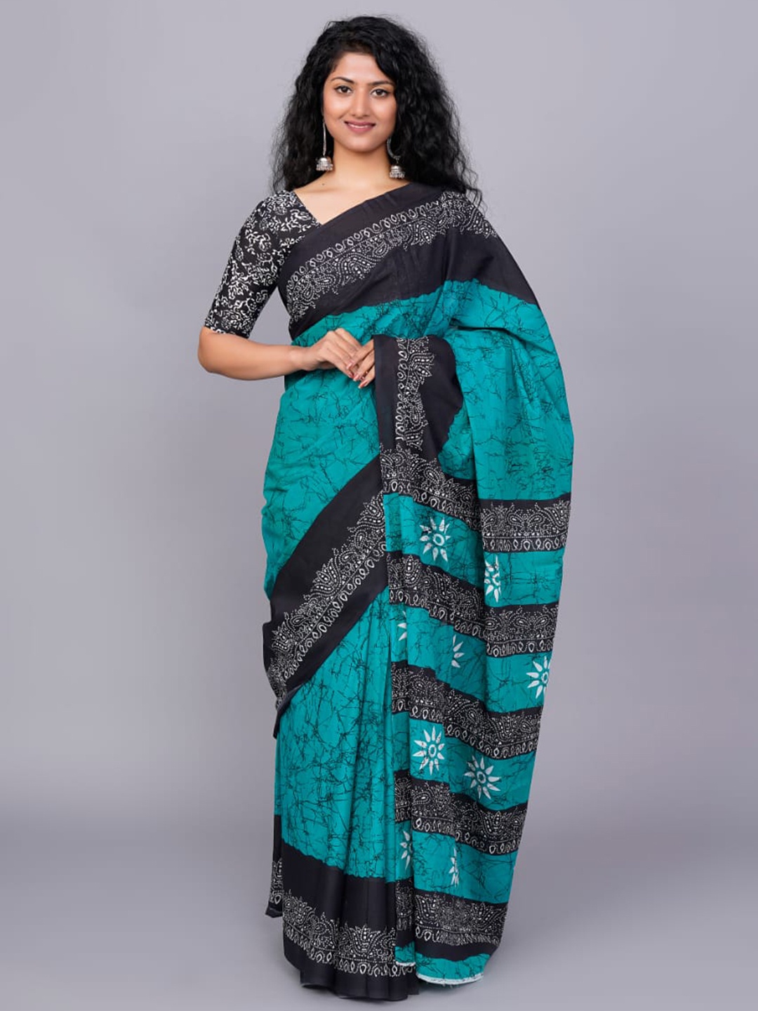 

TROPWEAR Pure Cotton Block Print Saree, Turquoise blue