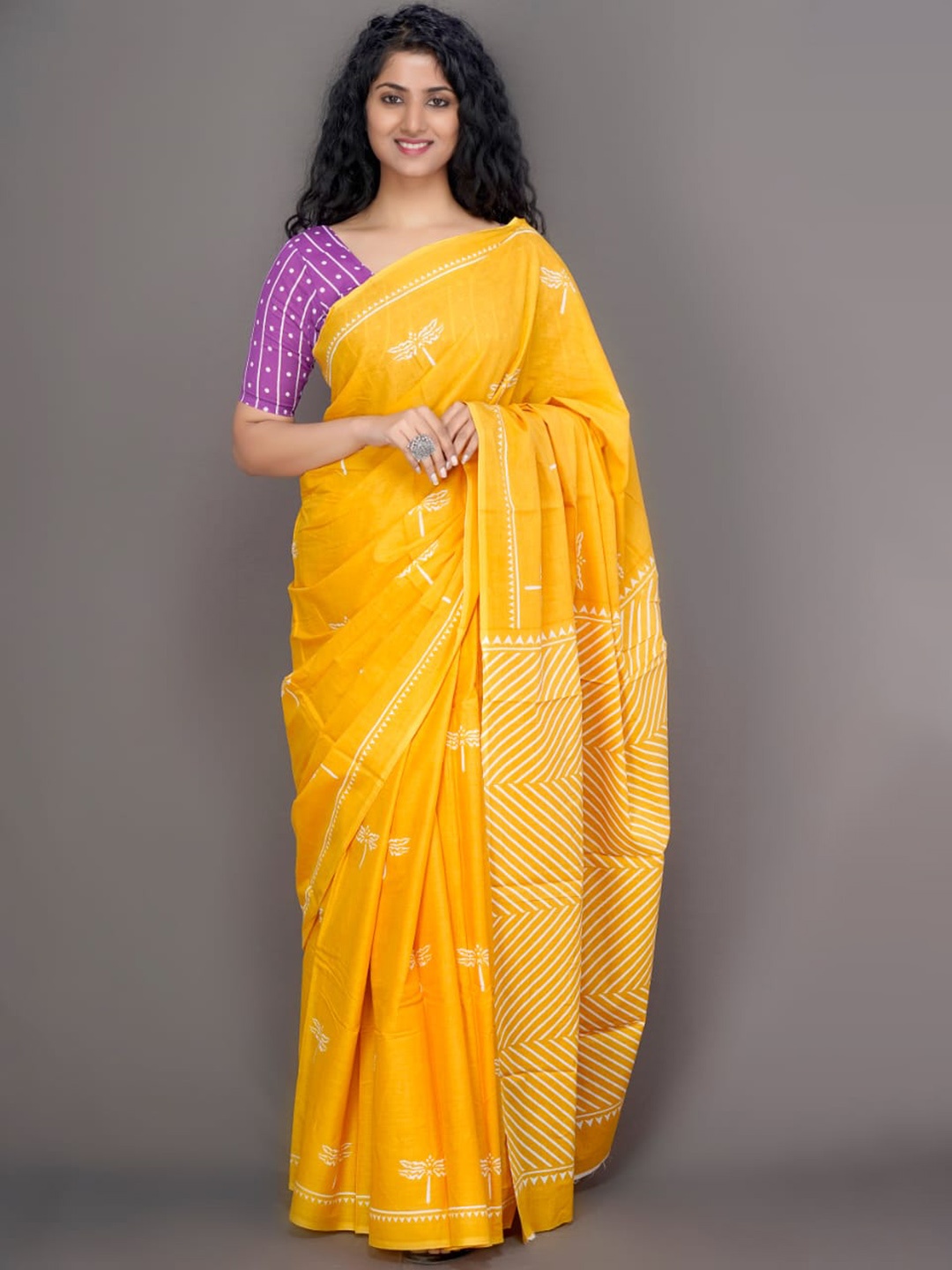 

TROPWEAR Ethnic Motifs Pure Cotton Block Print Saree, Yellow