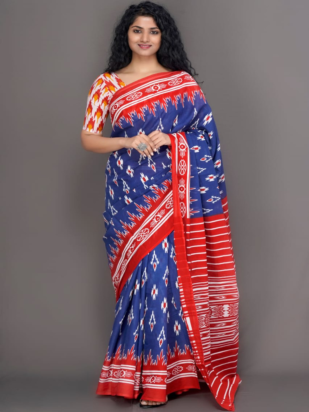

TROPWEAR Pure Cotton Block Print Saree, Red