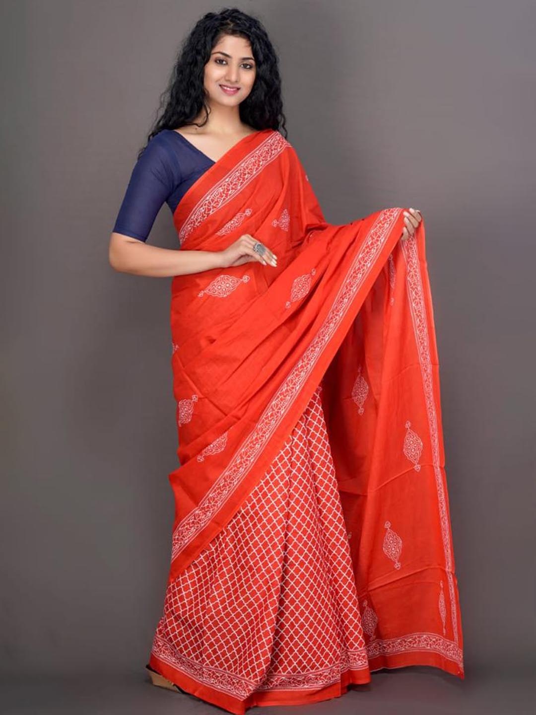 

TROPWEAR Ethnic Motifs Pure Cotton Half and Half Block Print Saree, Orange