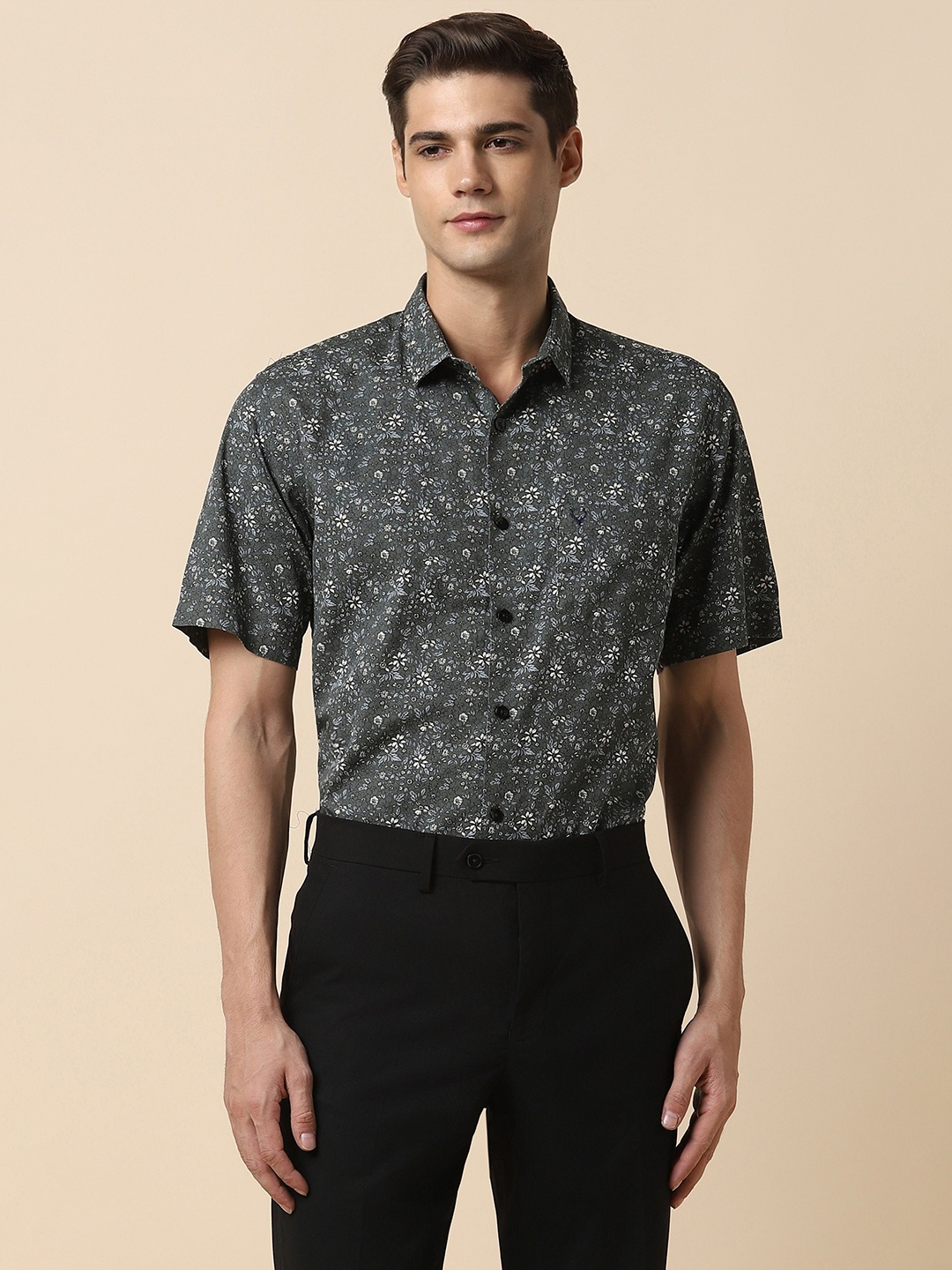 

Allen Solly Slim Fit Floral Printed Spread Collar Pure Cotton Formal Shirt, Grey
