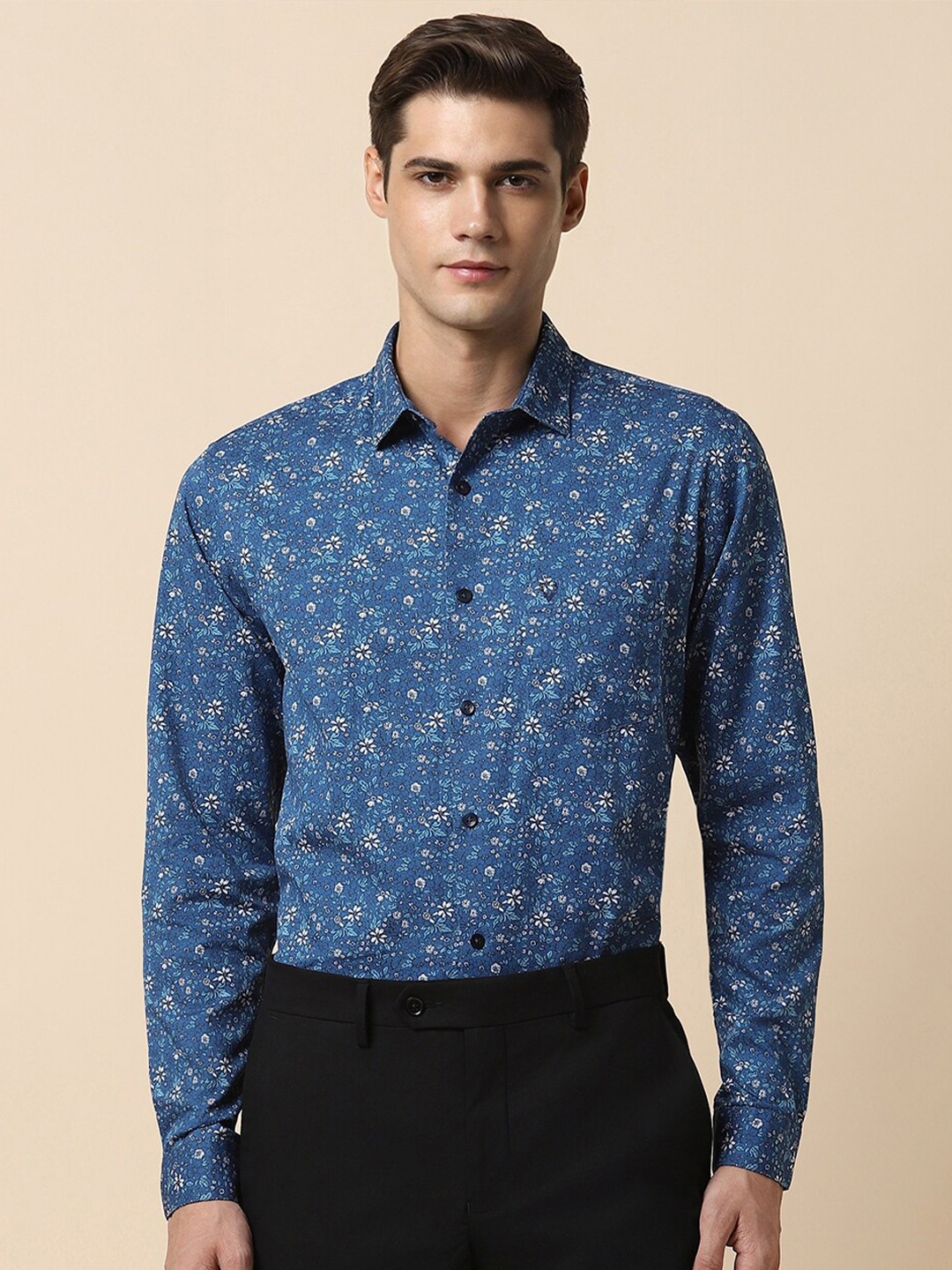 Allen Solly Slim Fit Micro Ditsy Printed Pure Cotton Formal Shirt, Blue