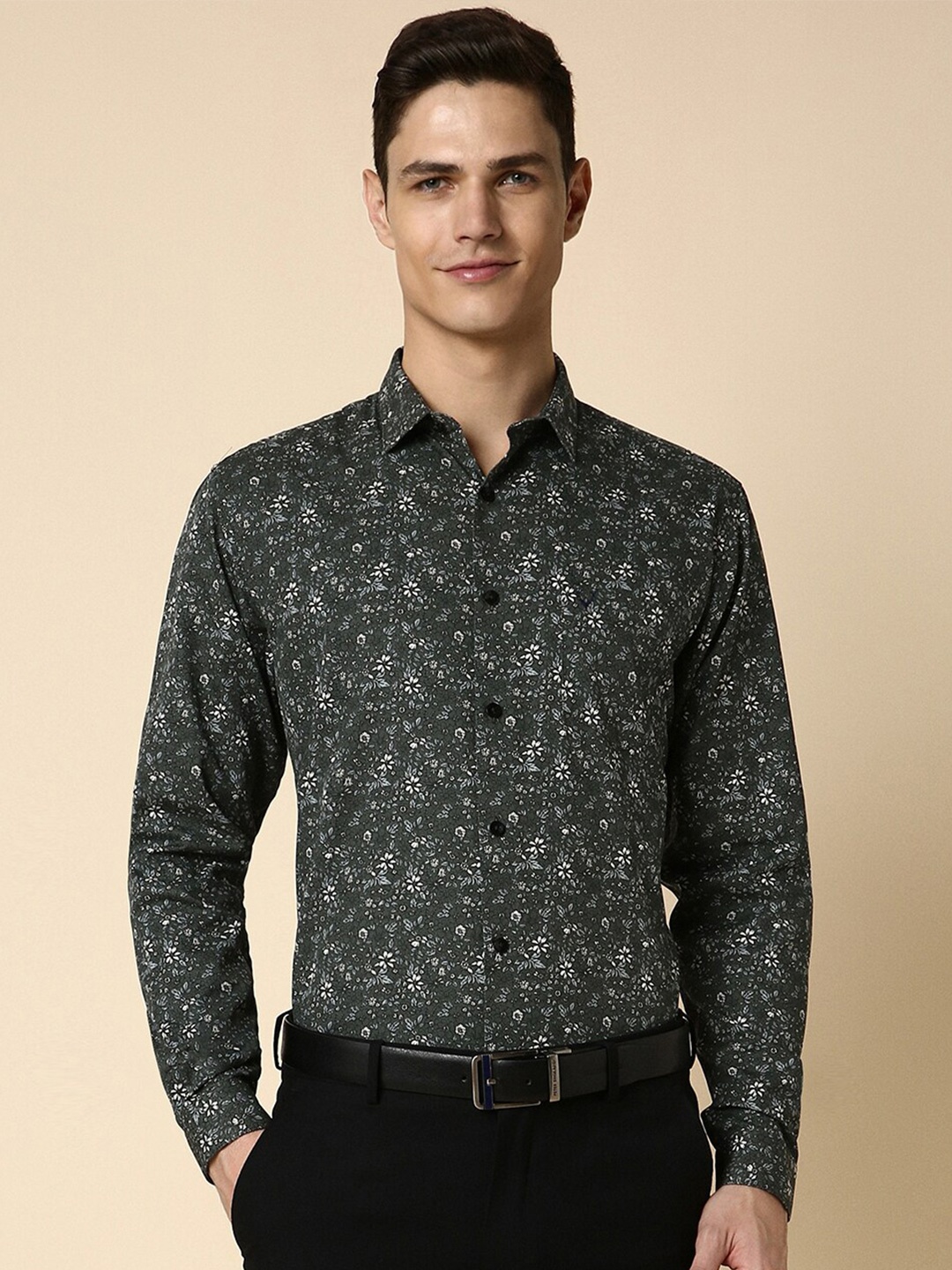 Allen Solly Slim Fit Micro Ditsy Printed Pure Cotton Formal Shirt, Green