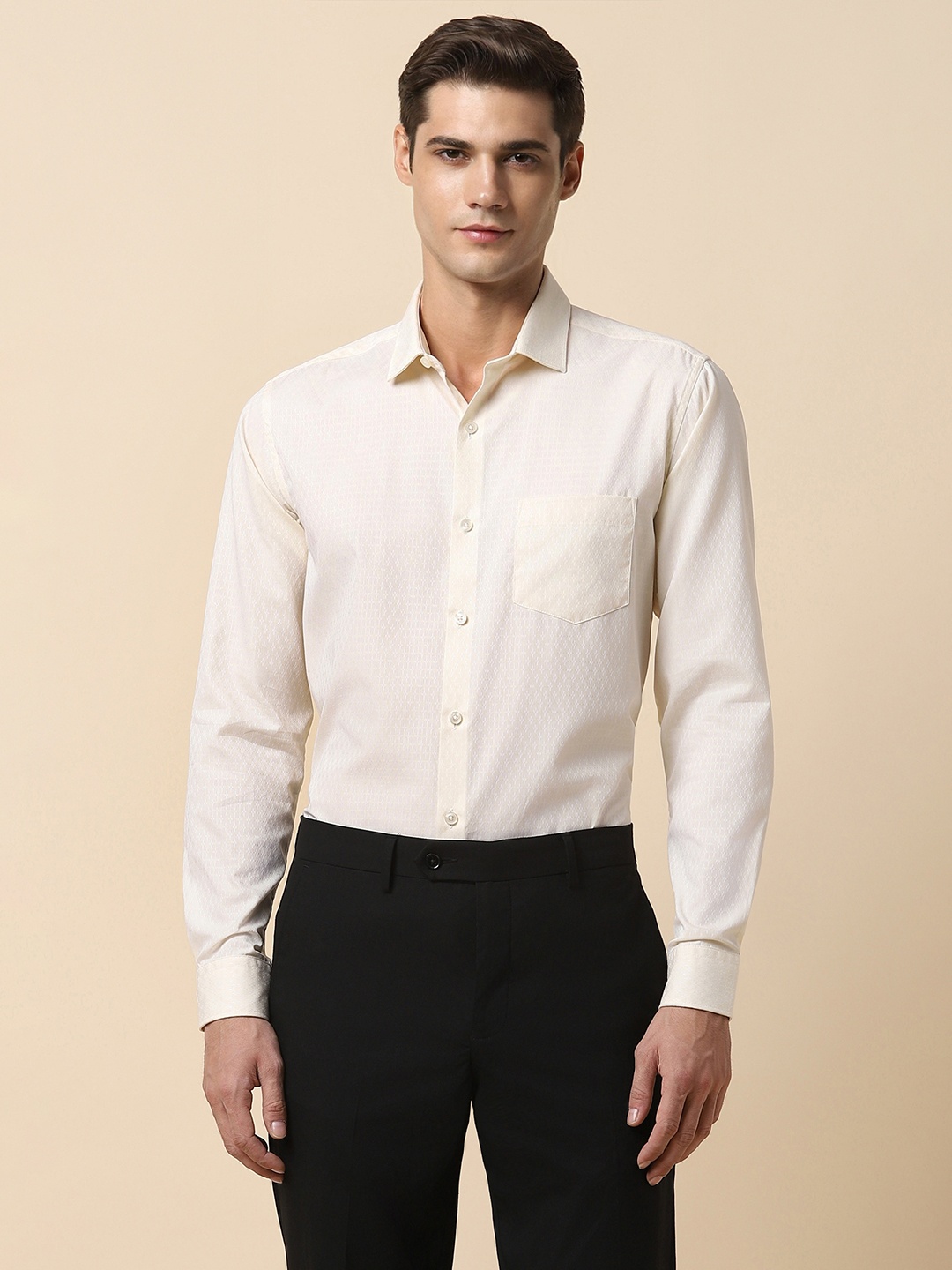 

Allen Solly Slim Fit Textured Spread Collar Pure Cotton Formal Shirt, Cream