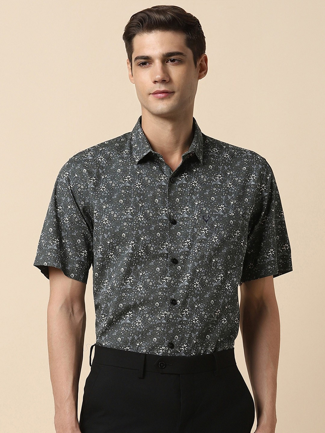 

Allen Solly Floral Printed Cotton Spread Collar Slim Fit Curved Formal Shirt, Grey