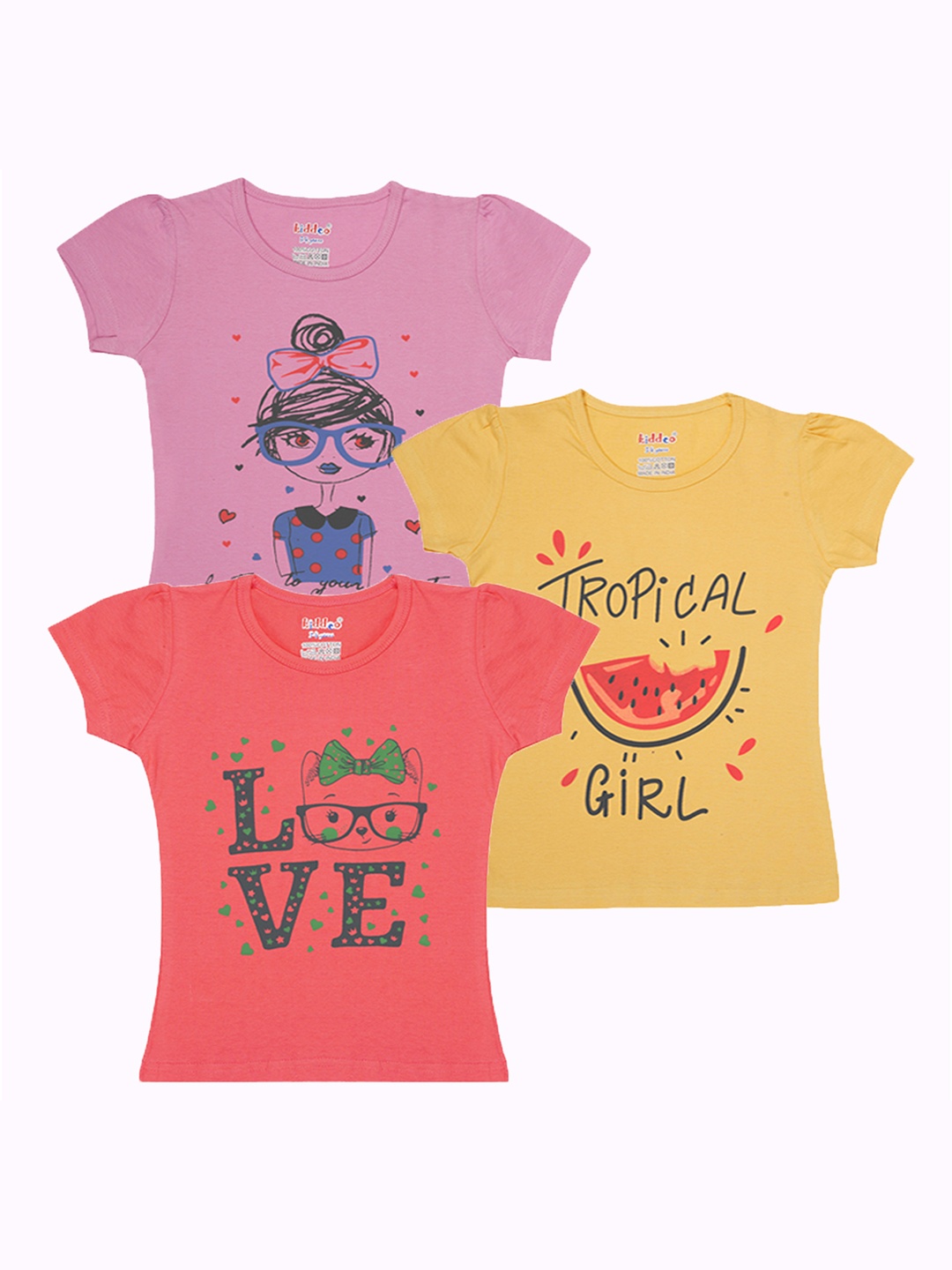 

Kiddeo Girls Typography 3 Printed T-shirt, Multi