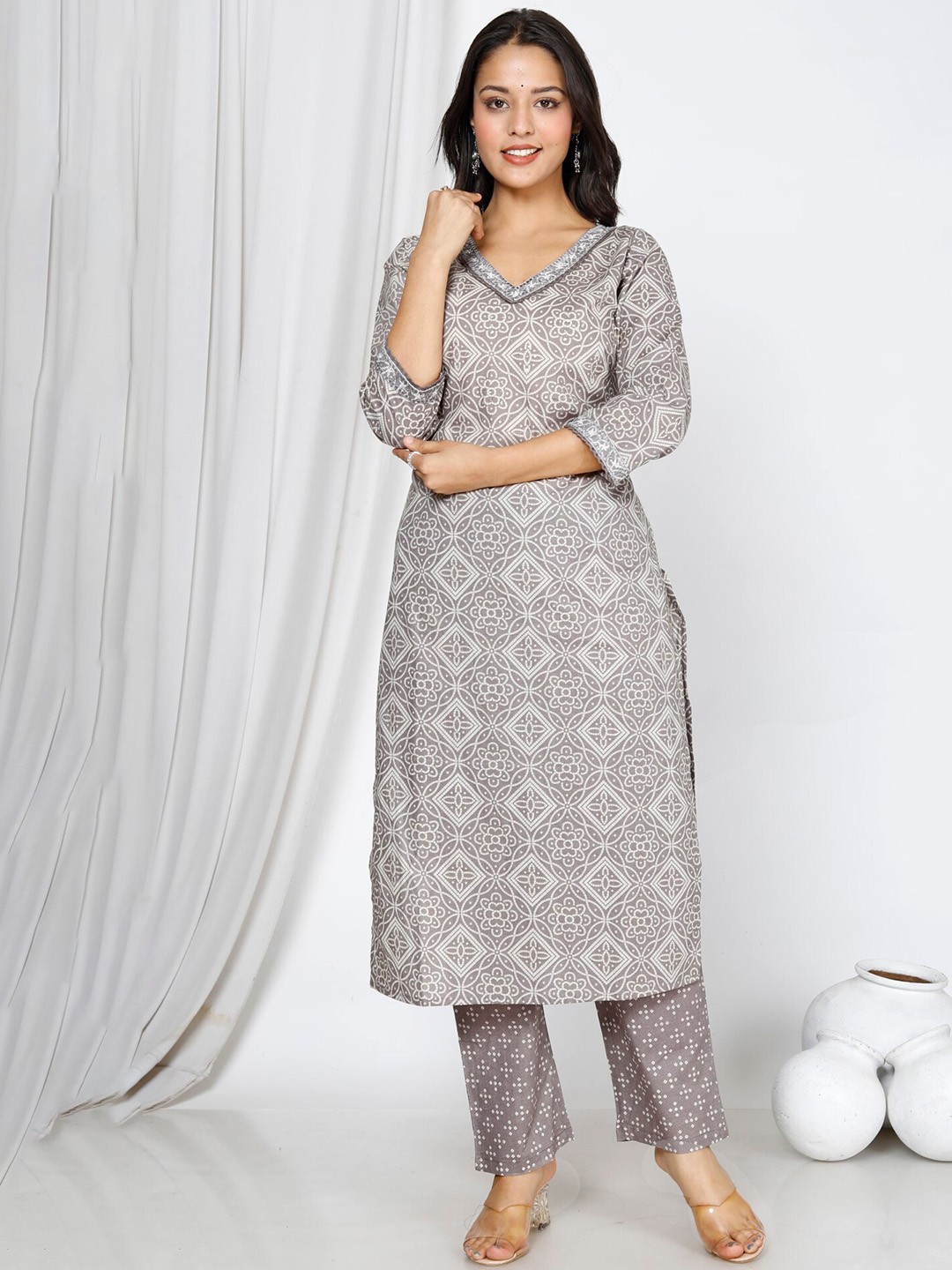 

KALINI Ethnic Motifs Printed Sequinned Pure Cotton Kurta With Palazzos & Dupatta, Brown