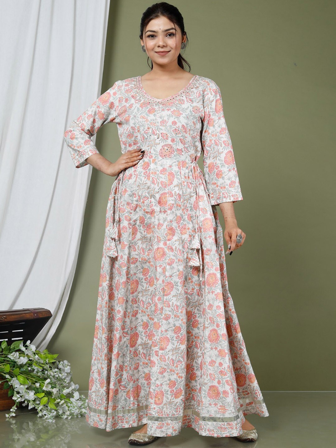 

KALINI Floral Printed Embroidered Detailed Pure Cotton Maxi Ethnic Dress, White
