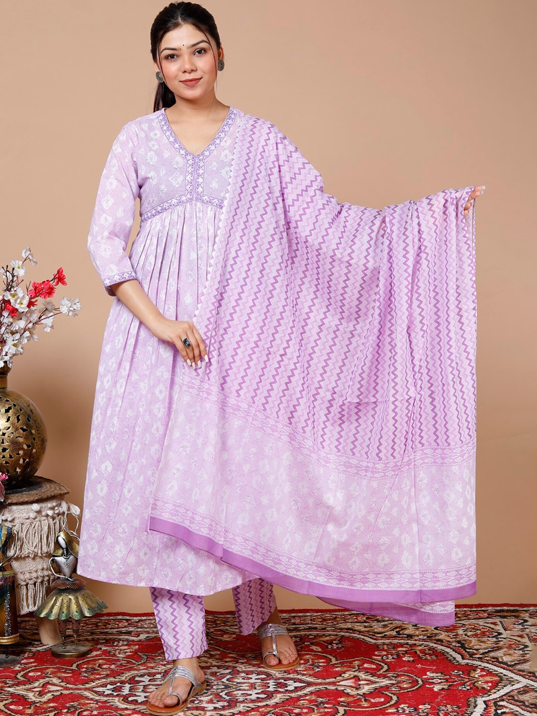 

KALINI Floral Printed Regular Sequinned Pure Cotton Kurta With Trousers & Dupatta, Purple