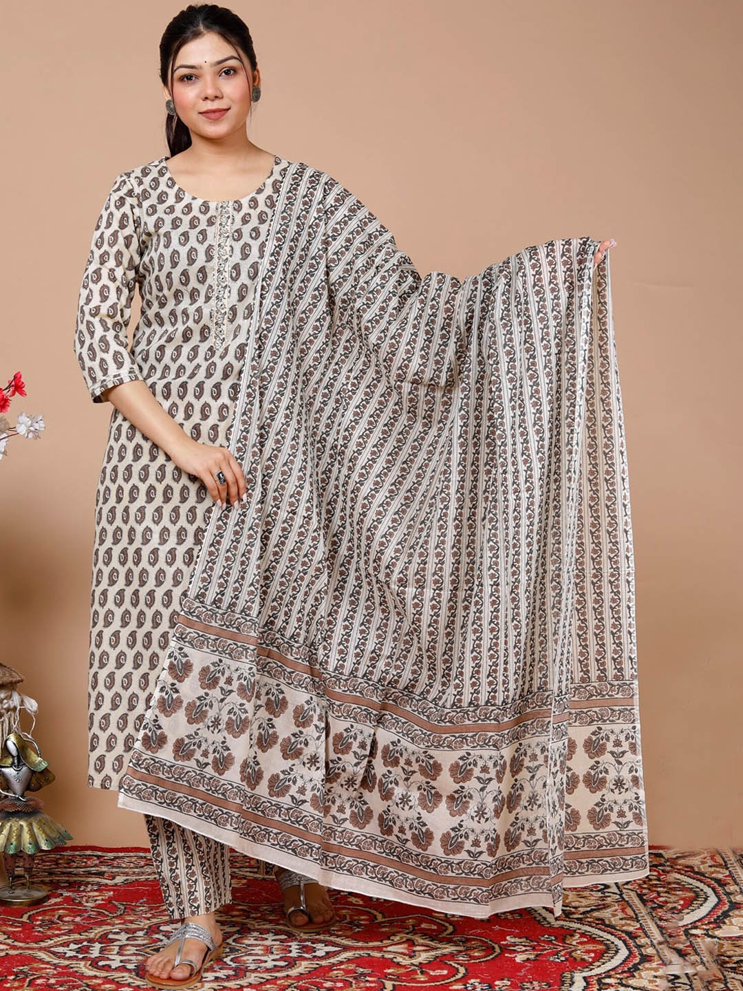 

KALINI Floral Printed Regular Pure Cotton Kurta With Trousers & Dupatta, Beige