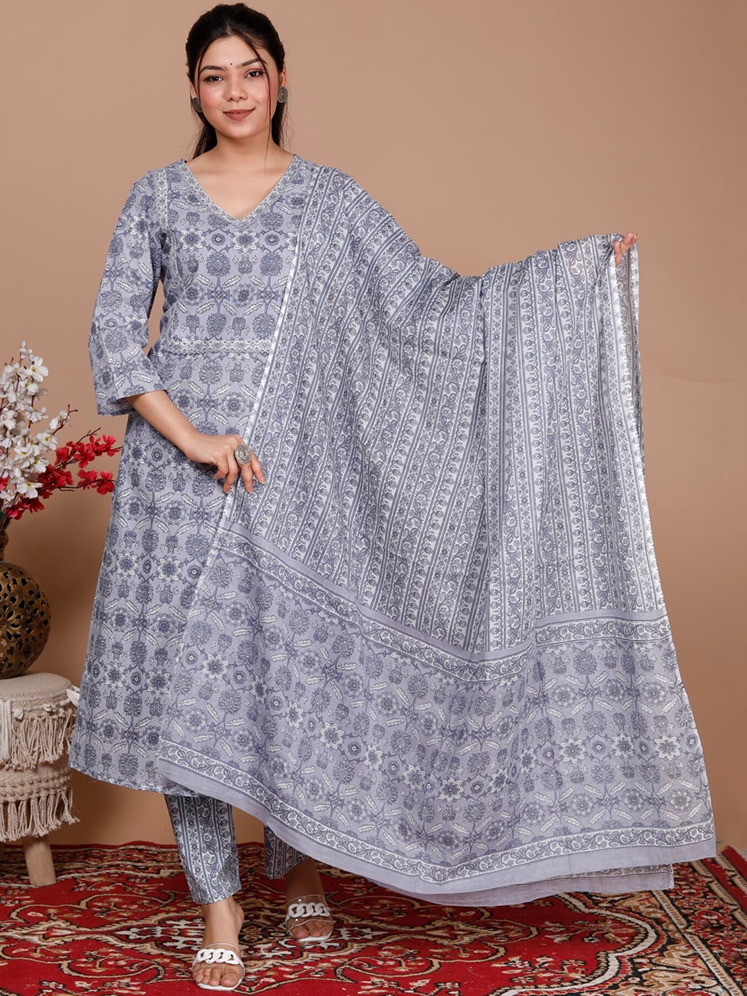 

KALINI Floral Printed Sequinned Pure Cotton Kurta with Trousers & With Dupatta, Grey