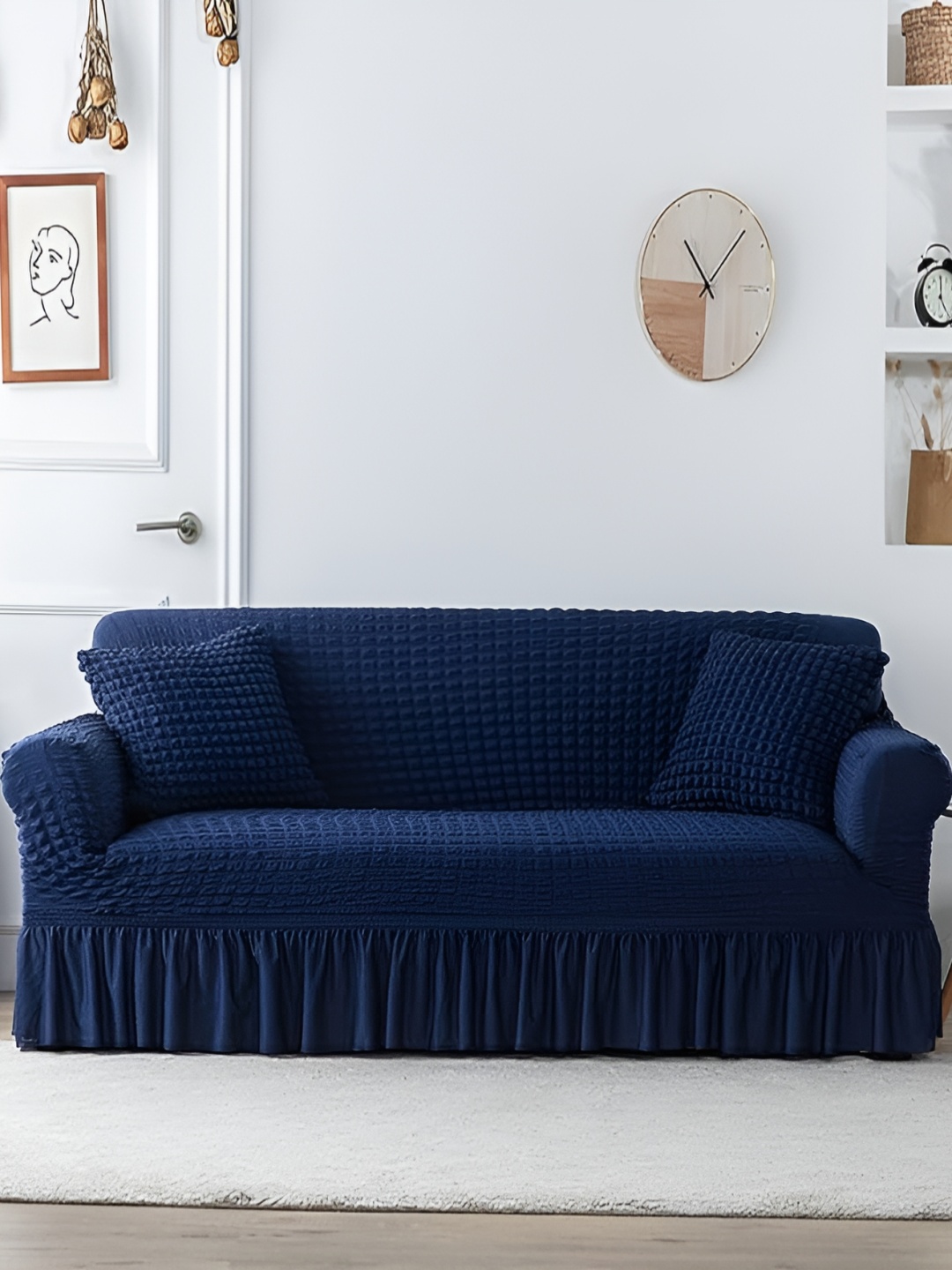 

TONY STARK Navy Blue Textured 3 Seater Elasticated Sofa Cover With Arms